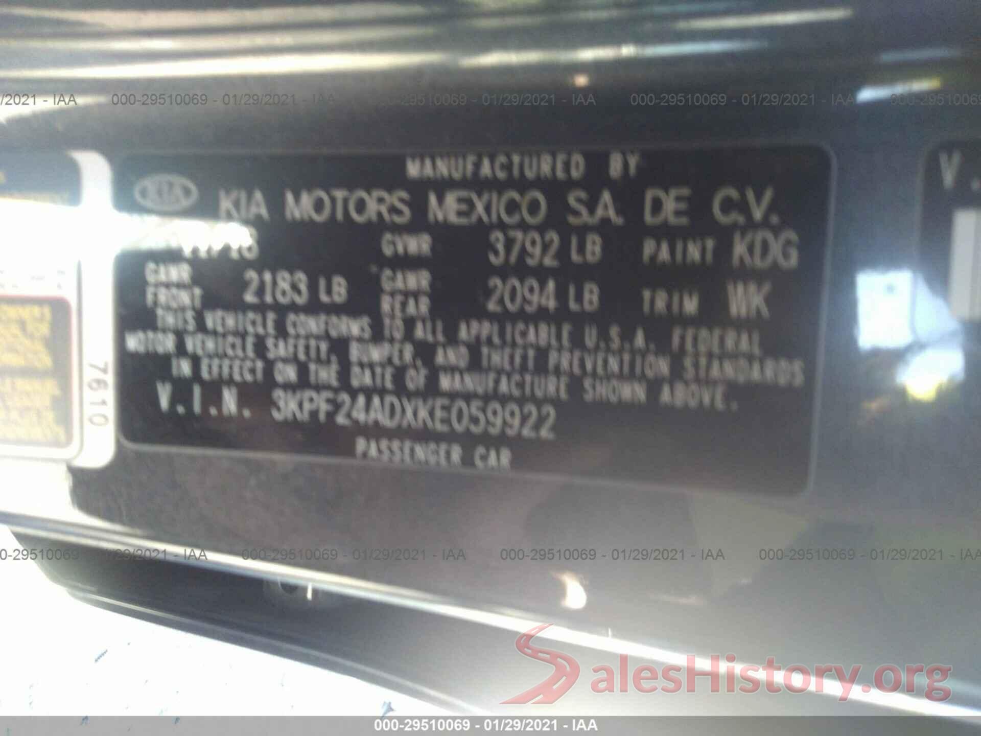 3KPF24ADXKE059922 2019 KIA FORTE