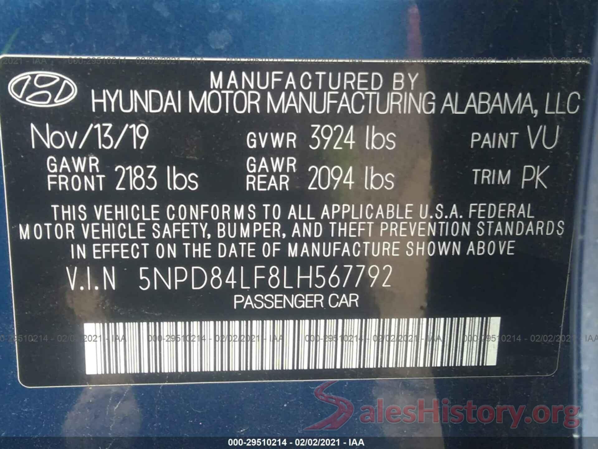 5NPD84LF8LH567792 2020 HYUNDAI ELANTRA