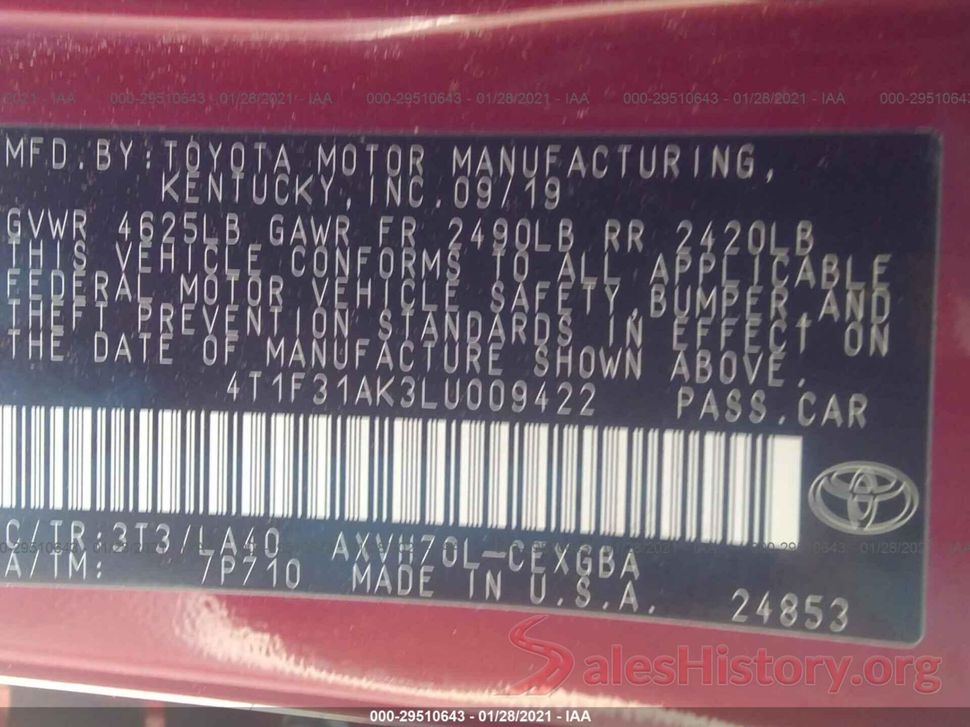 4T1F31AK3LU009422 2020 TOYOTA CAMRY