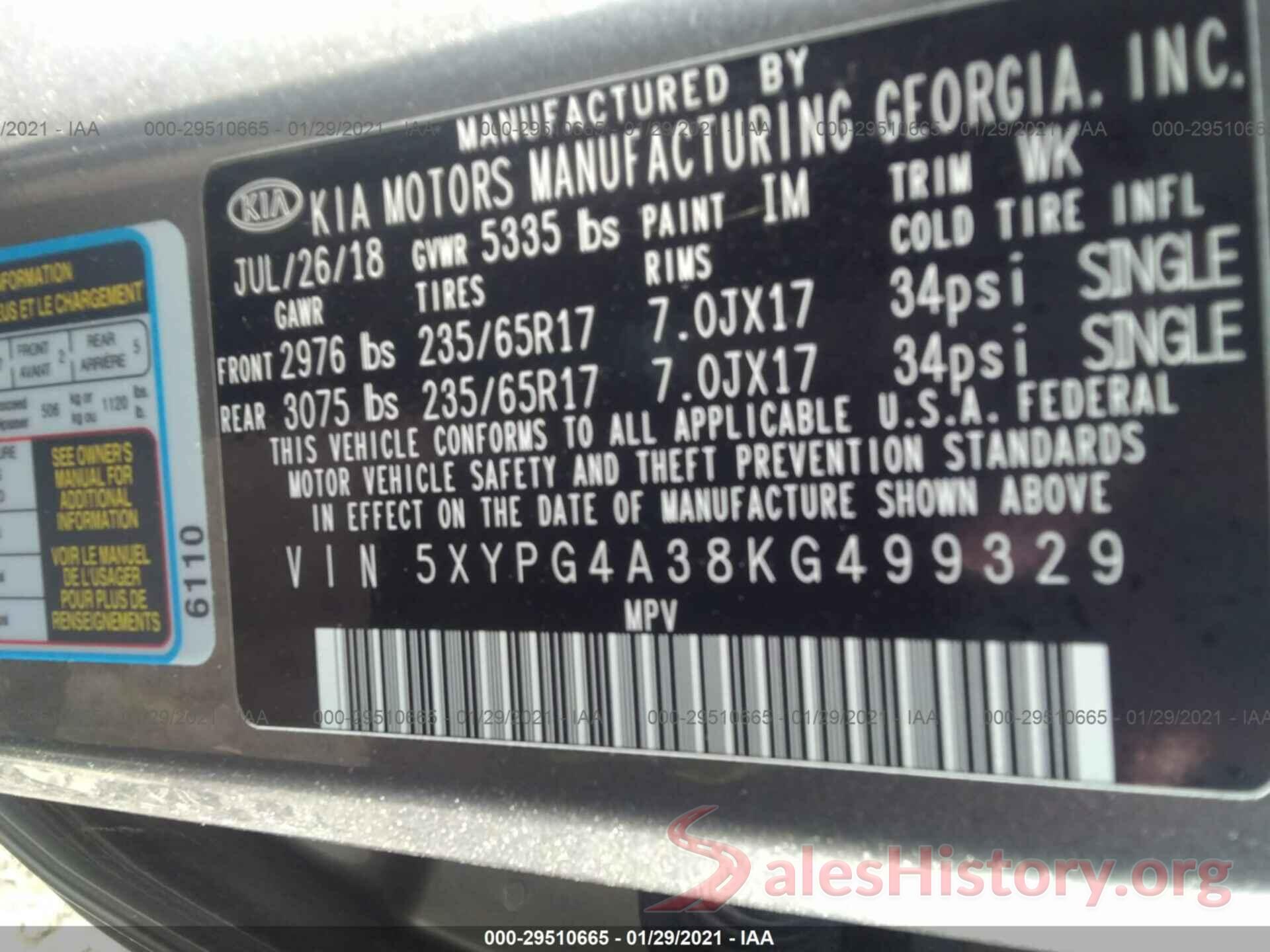 5XYPG4A38KG499329 2019 KIA SORENTO