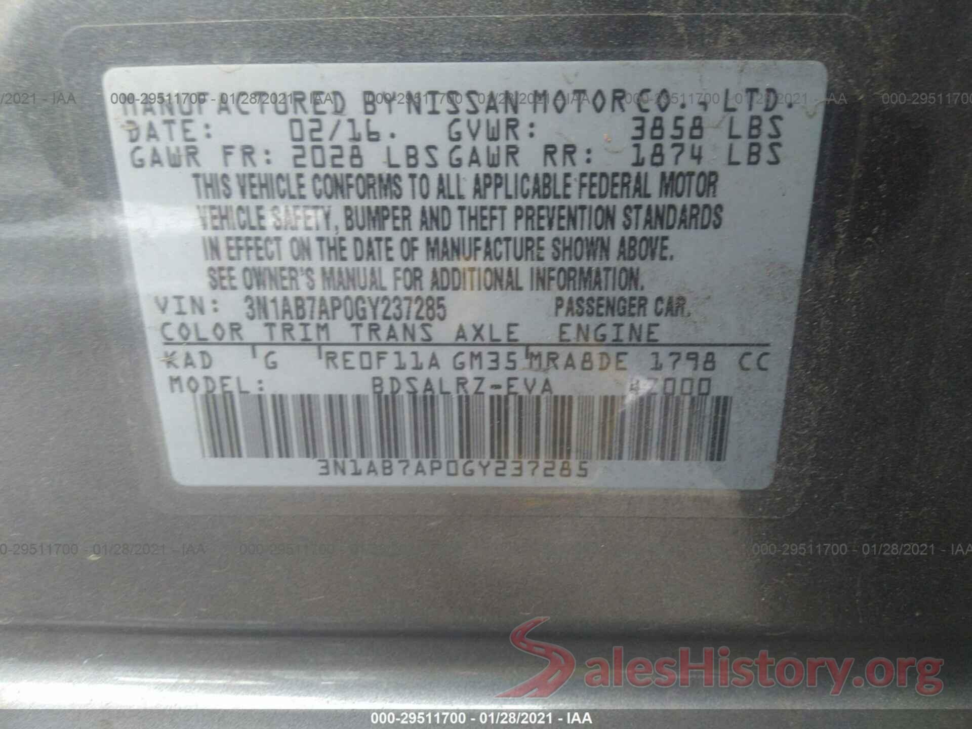 3N1AB7AP0GY237285 2016 NISSAN SENTRA