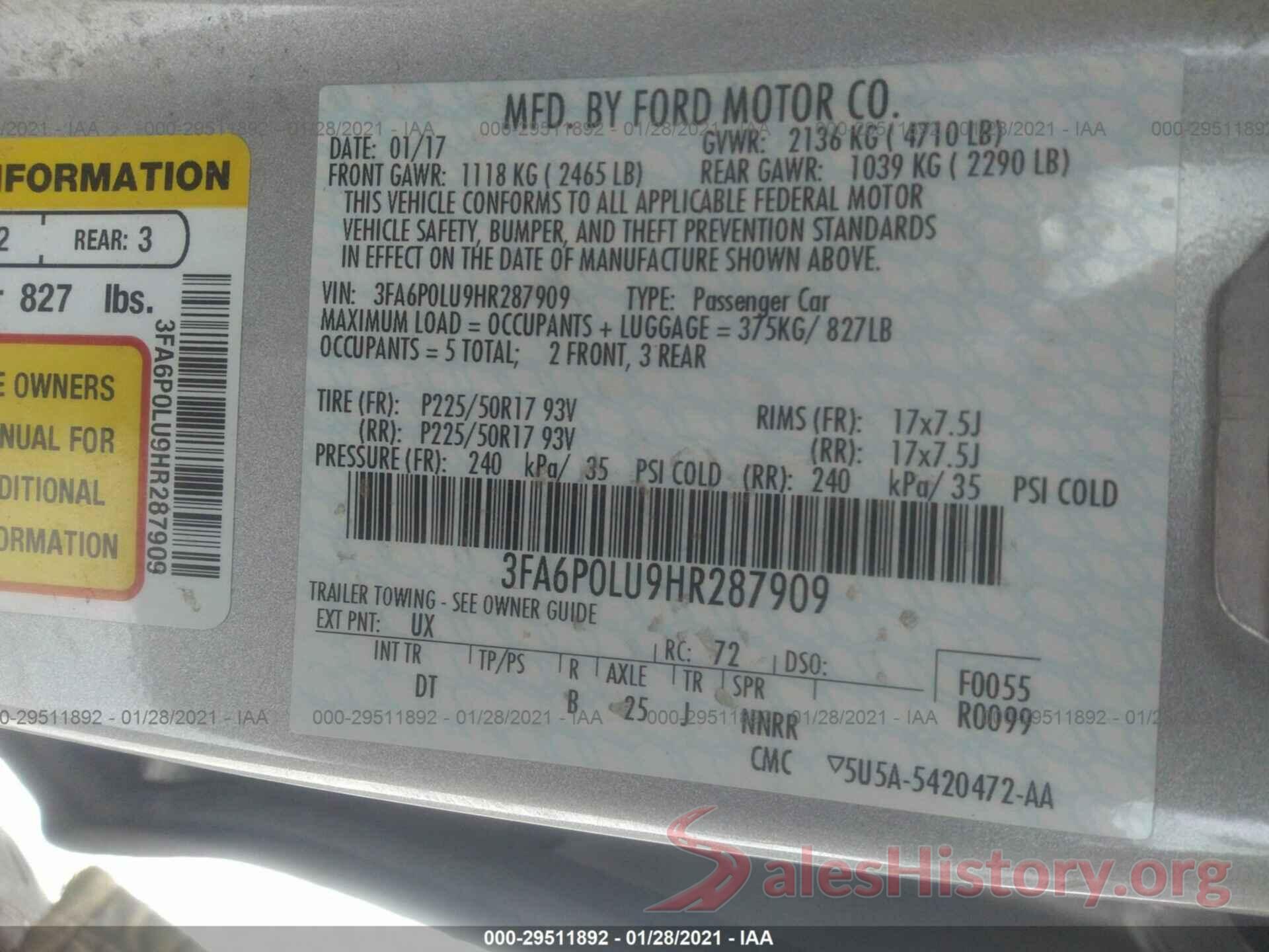 3FA6P0LU9HR287909 2017 FORD FUSION