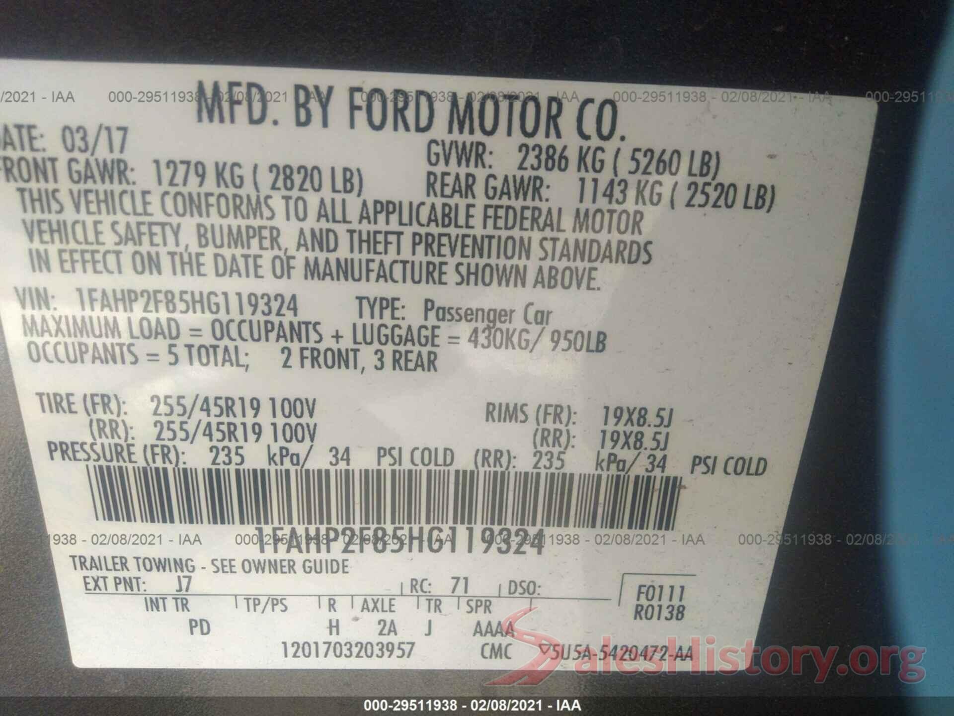 1FAHP2F85HG119324 2017 FORD TAURUS