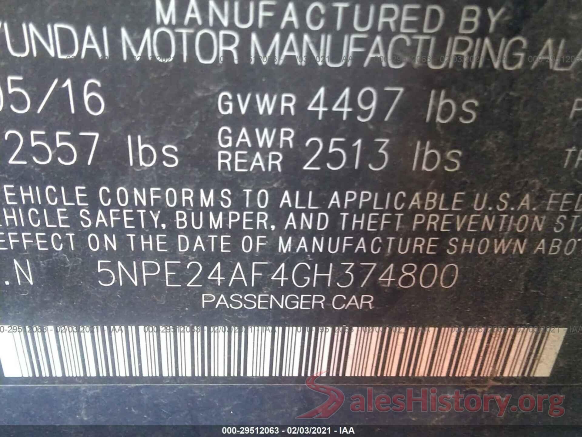 5NPE24AF4GH374800 2016 HYUNDAI SONATA