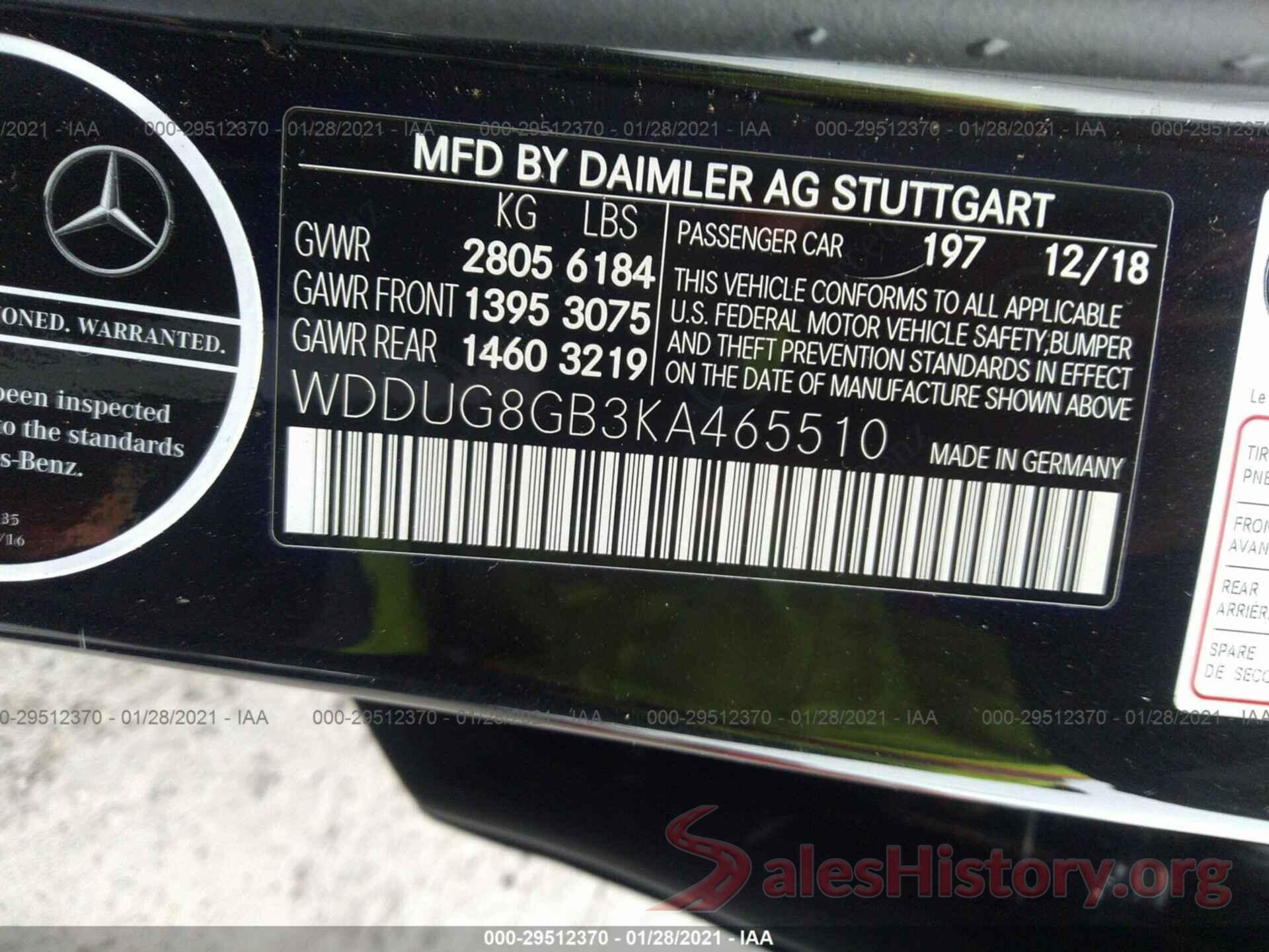 WDDUG8GB3KA465510 2019 MERCEDES-BENZ S-CLASS