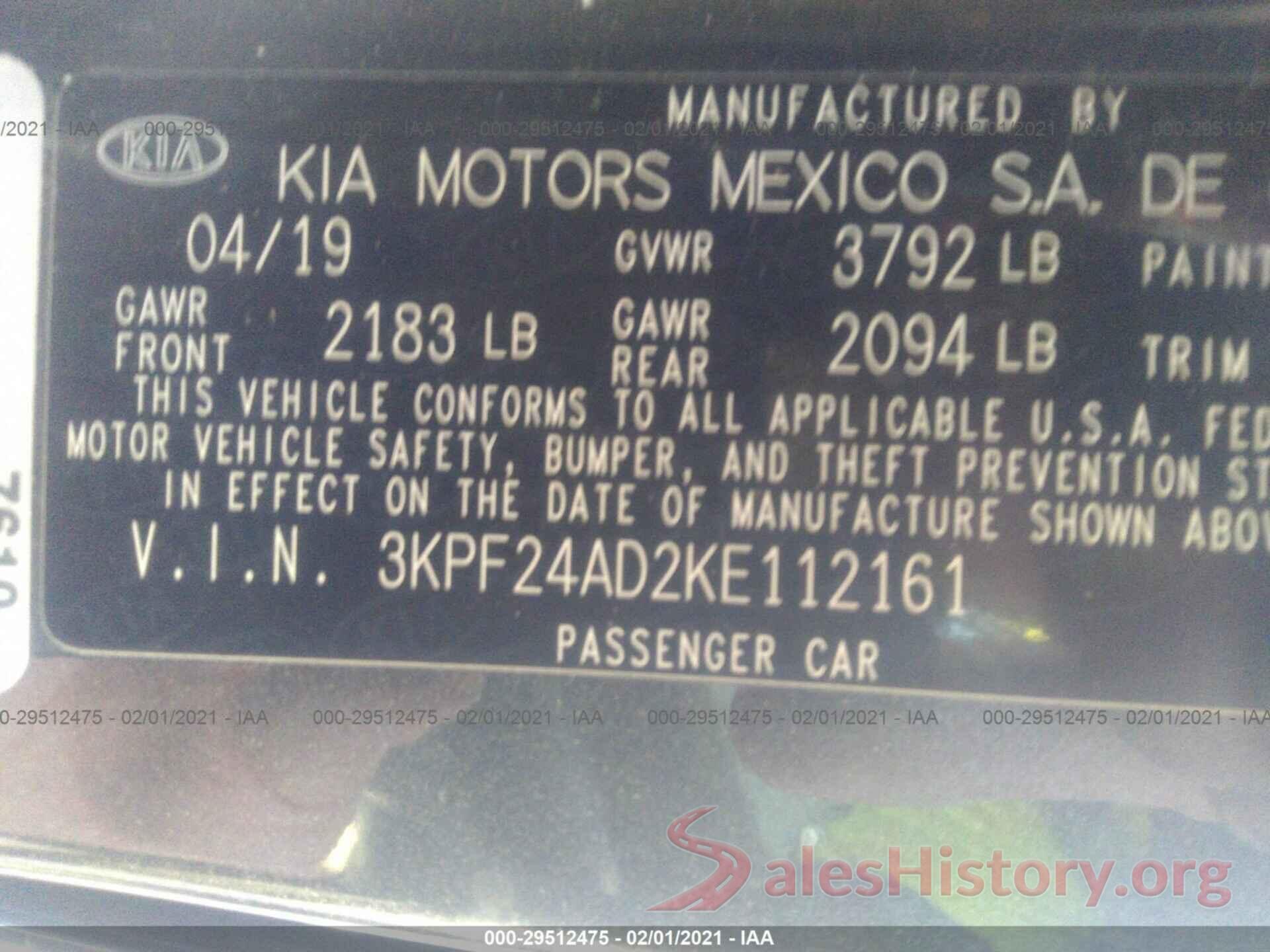 3KPF24AD2KE112161 2019 KIA FORTE