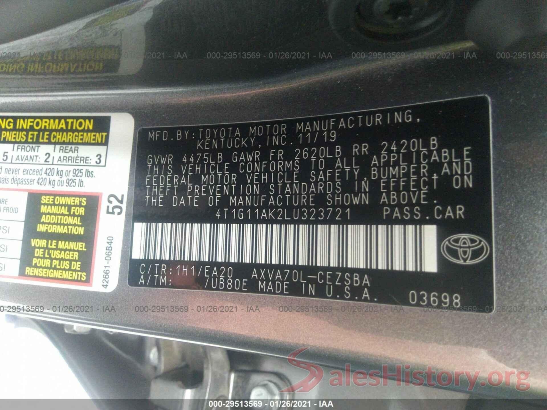 4T1G11AK2LU323721 2020 TOYOTA CAMRY