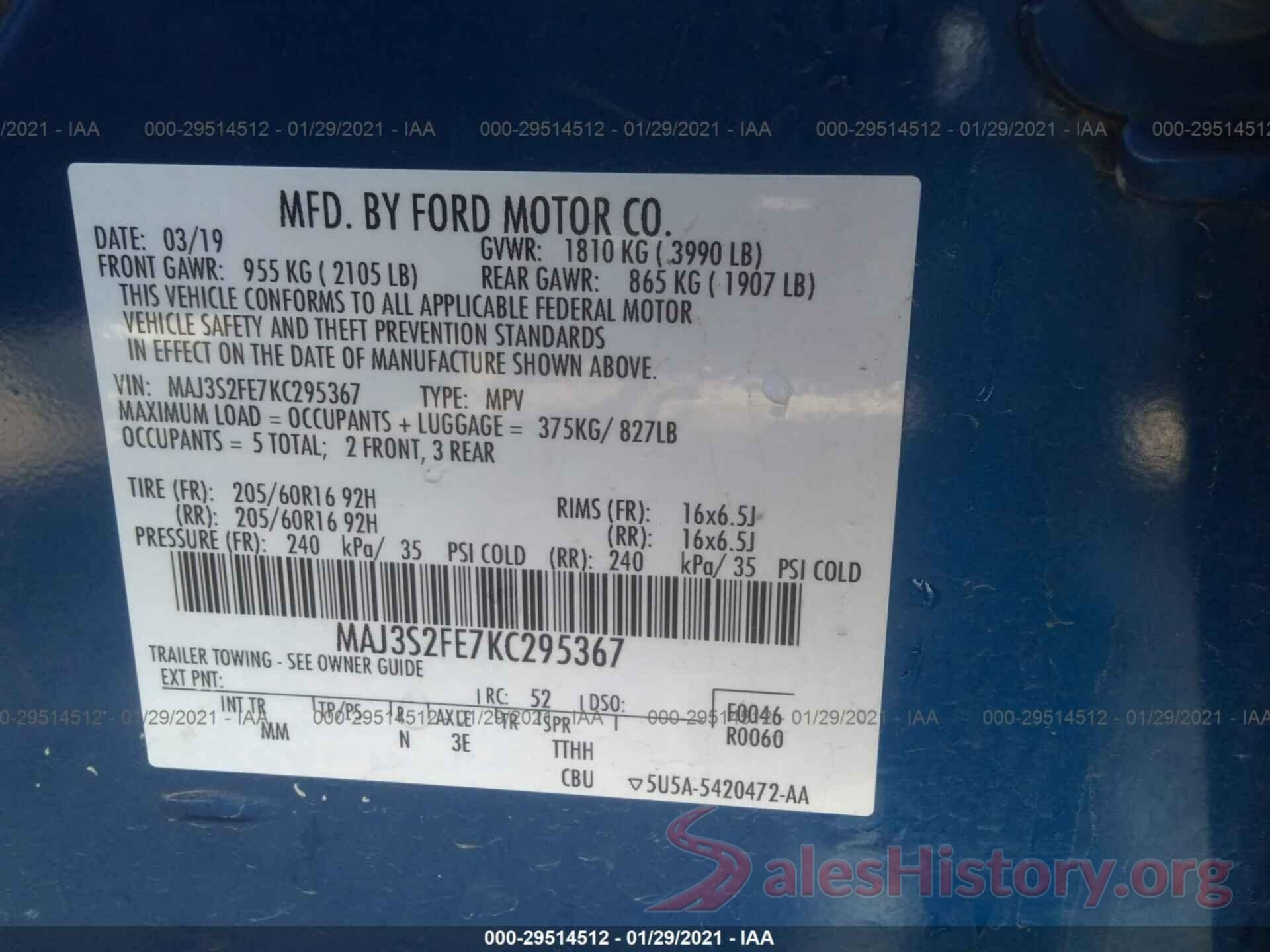 MAJ3S2FE7KC295367 2019 FORD ECOSPORT