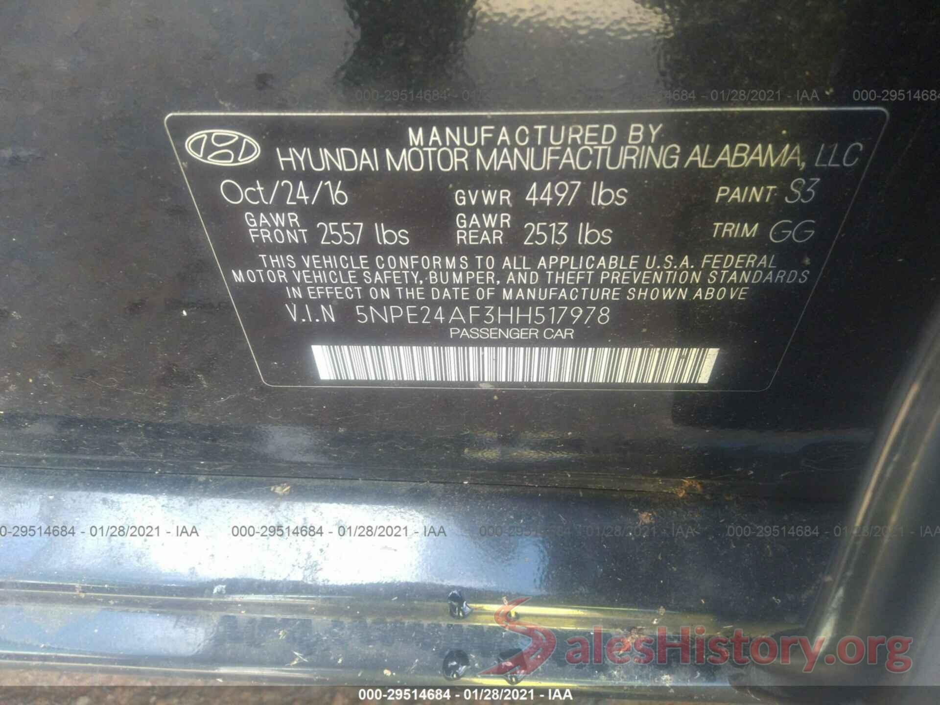 5NPE24AF3HH517978 2017 HYUNDAI SONATA