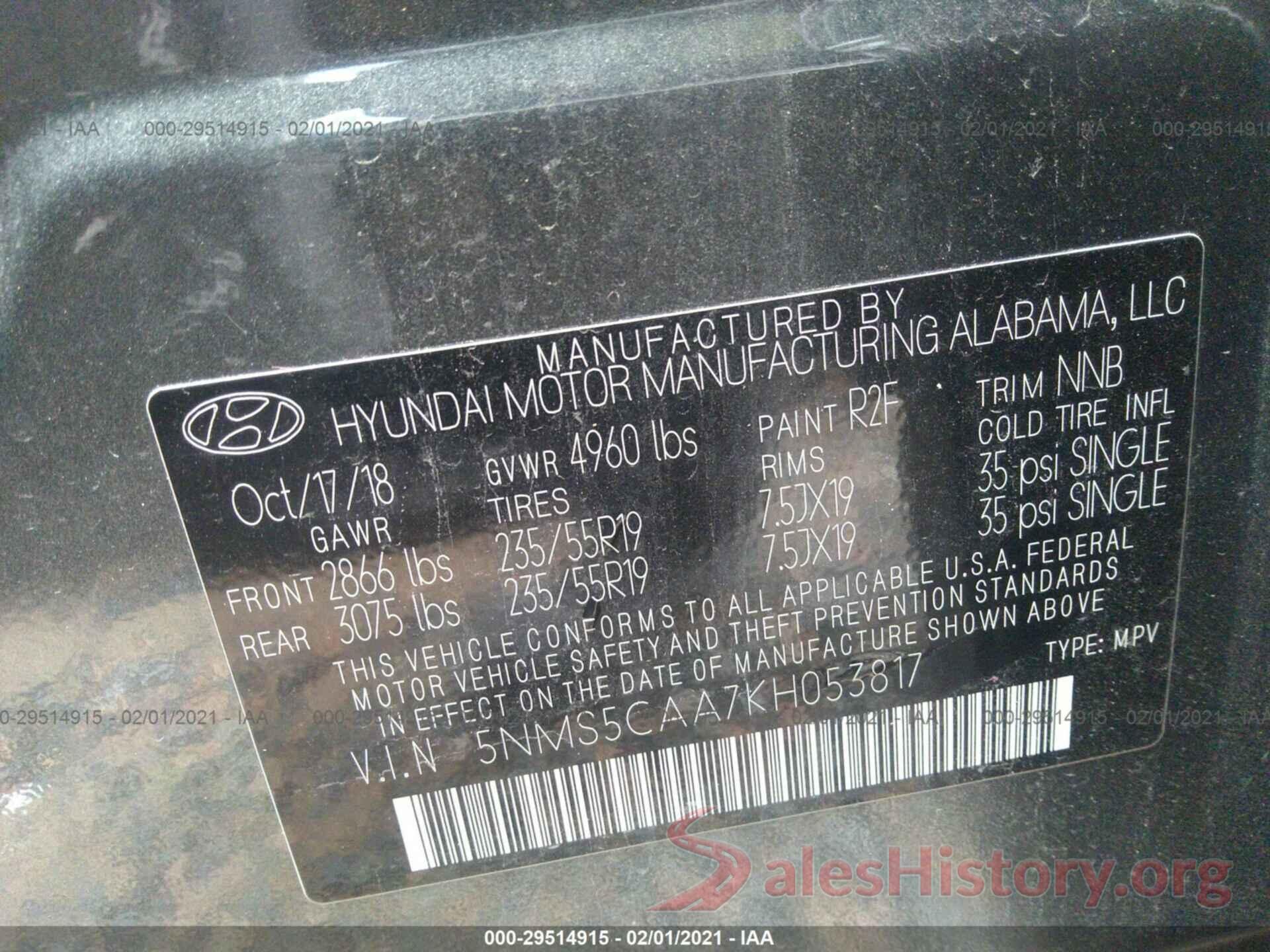 5NMS5CAA7KH053817 2019 HYUNDAI SANTA FE