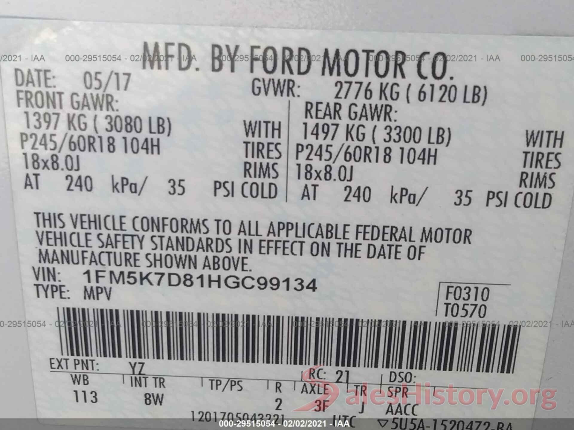 1FM5K7D81HGC99134 2017 FORD EXPLORER