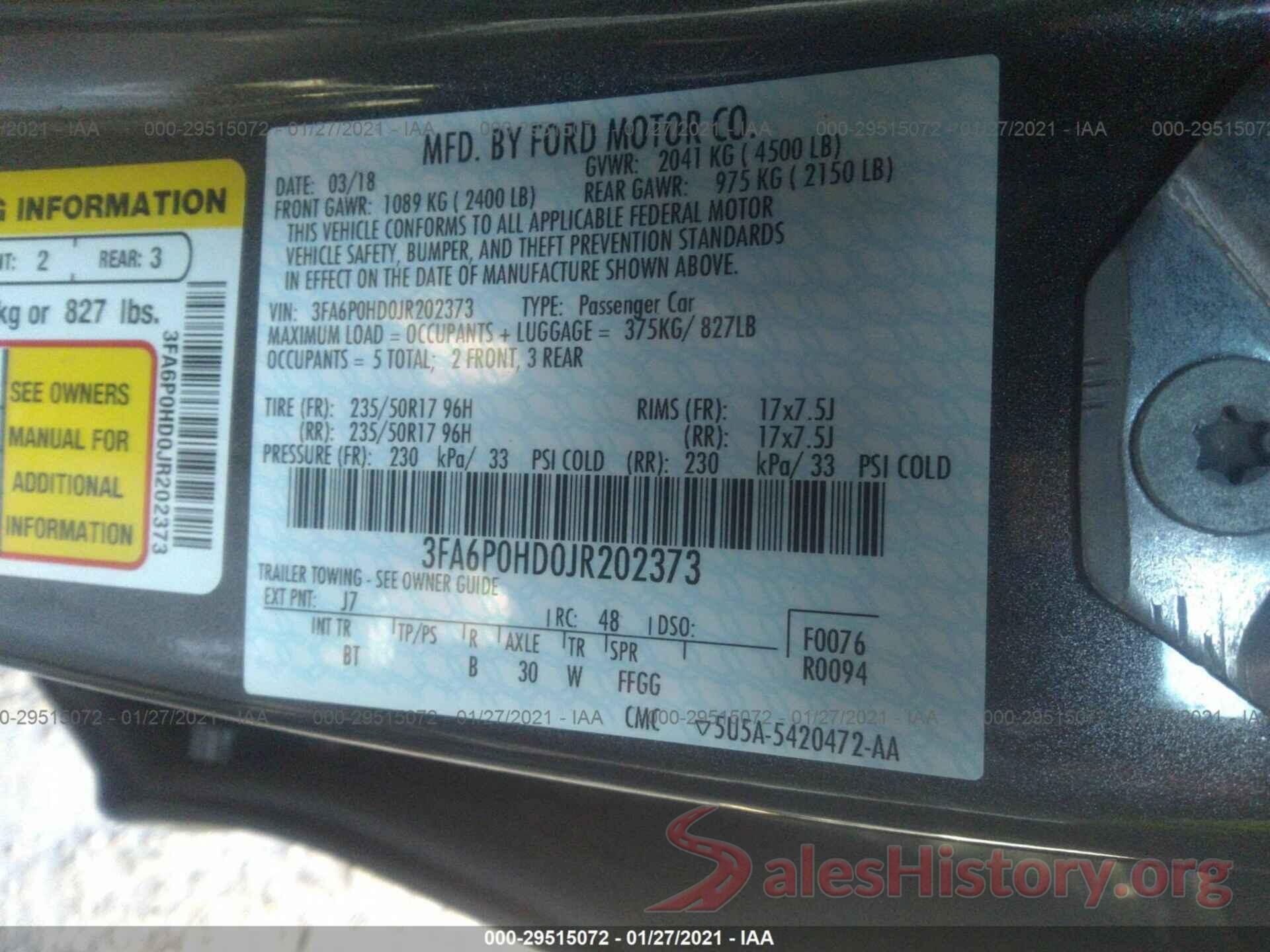 3FA6P0HD0JR202373 2018 FORD FUSION