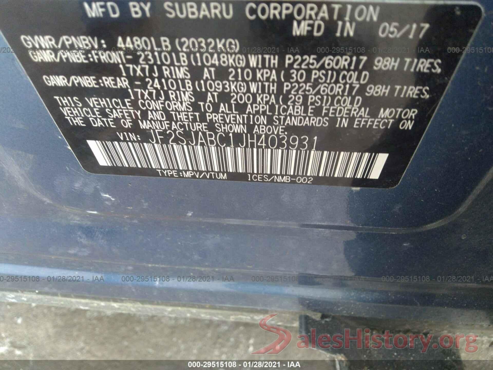 JF2SJABC1JH403931 2018 SUBARU FORESTER