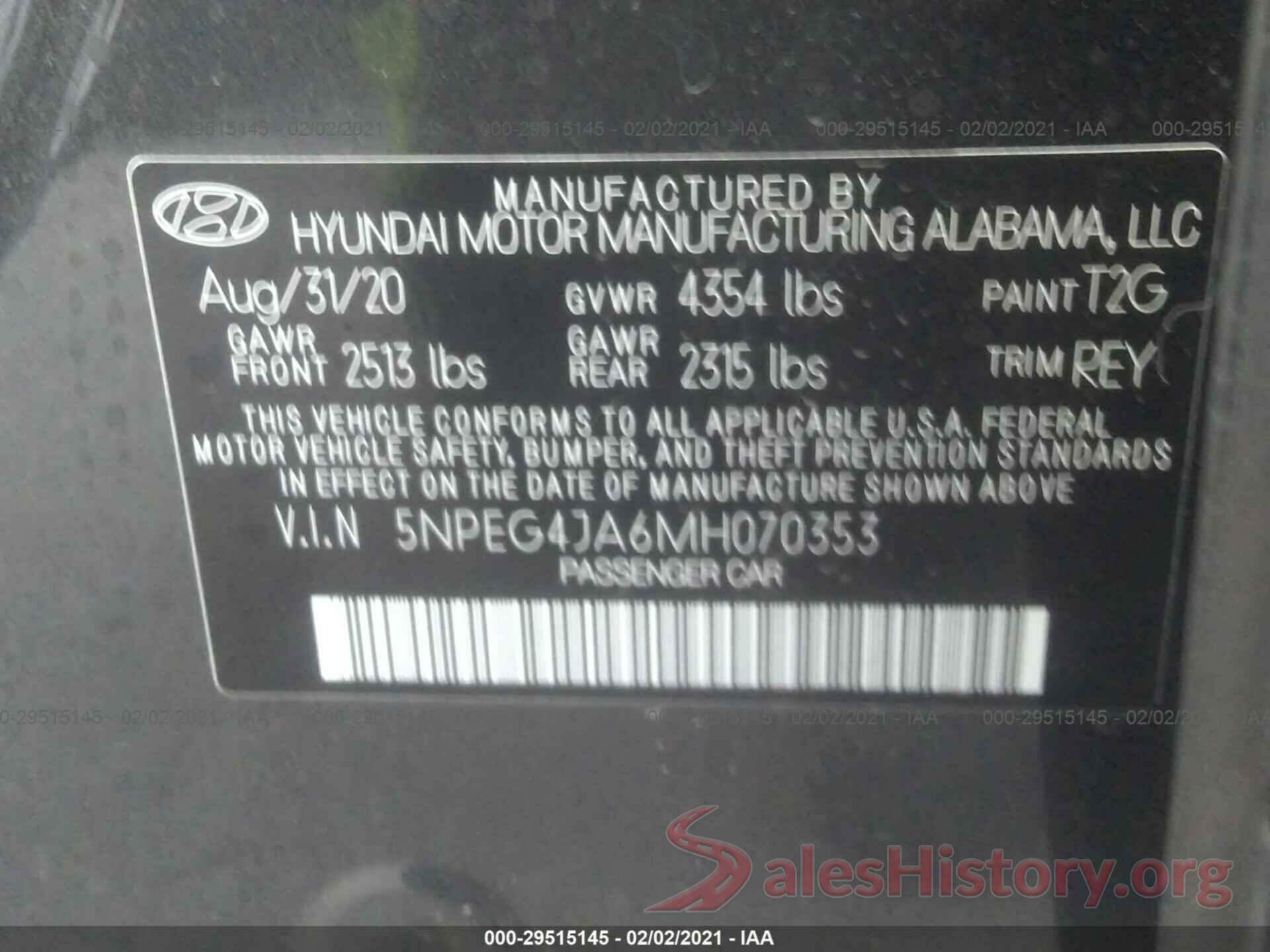 5NPEG4JA6MH070353 2021 HYUNDAI SONATA