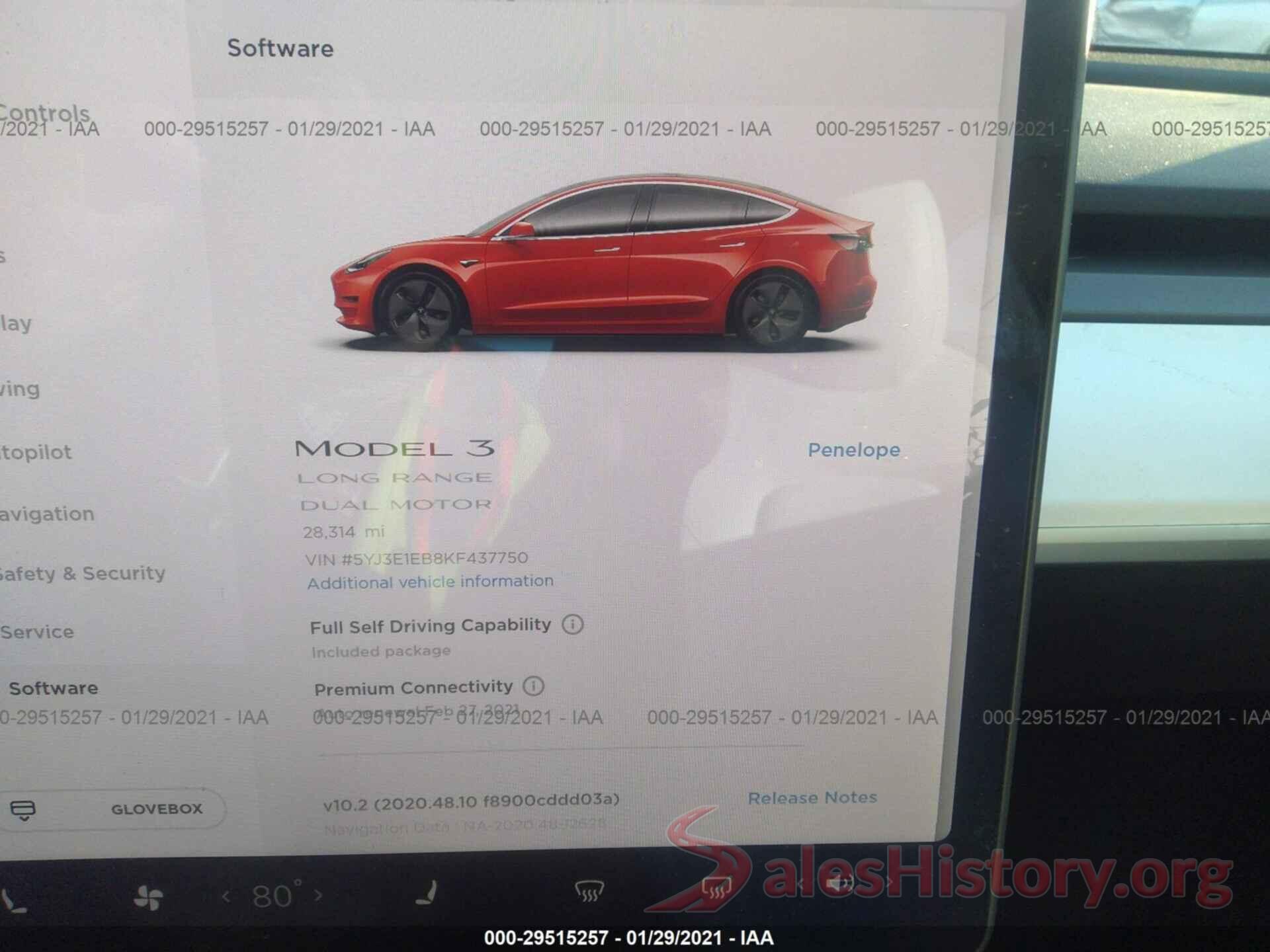 5YJ3E1EB8KF437750 2019 TESLA MODEL 3