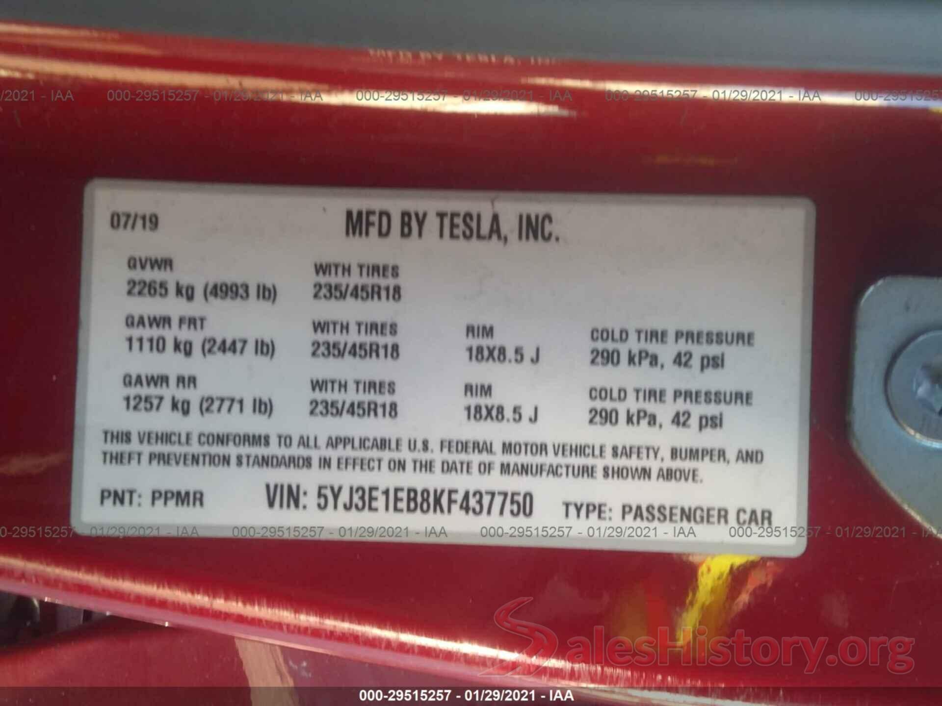 5YJ3E1EB8KF437750 2019 TESLA MODEL 3