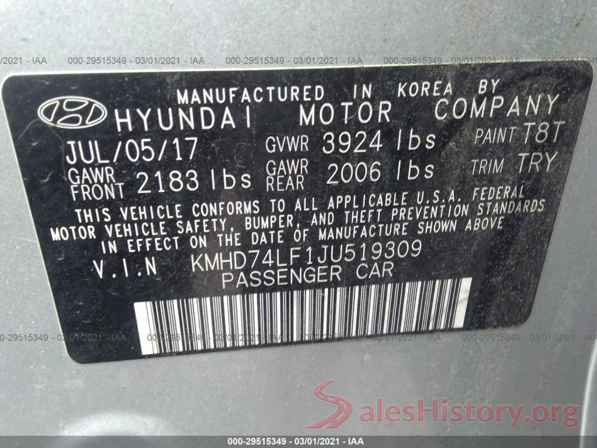 KMHD74LF1JU519309 2018 HYUNDAI ELANTRA