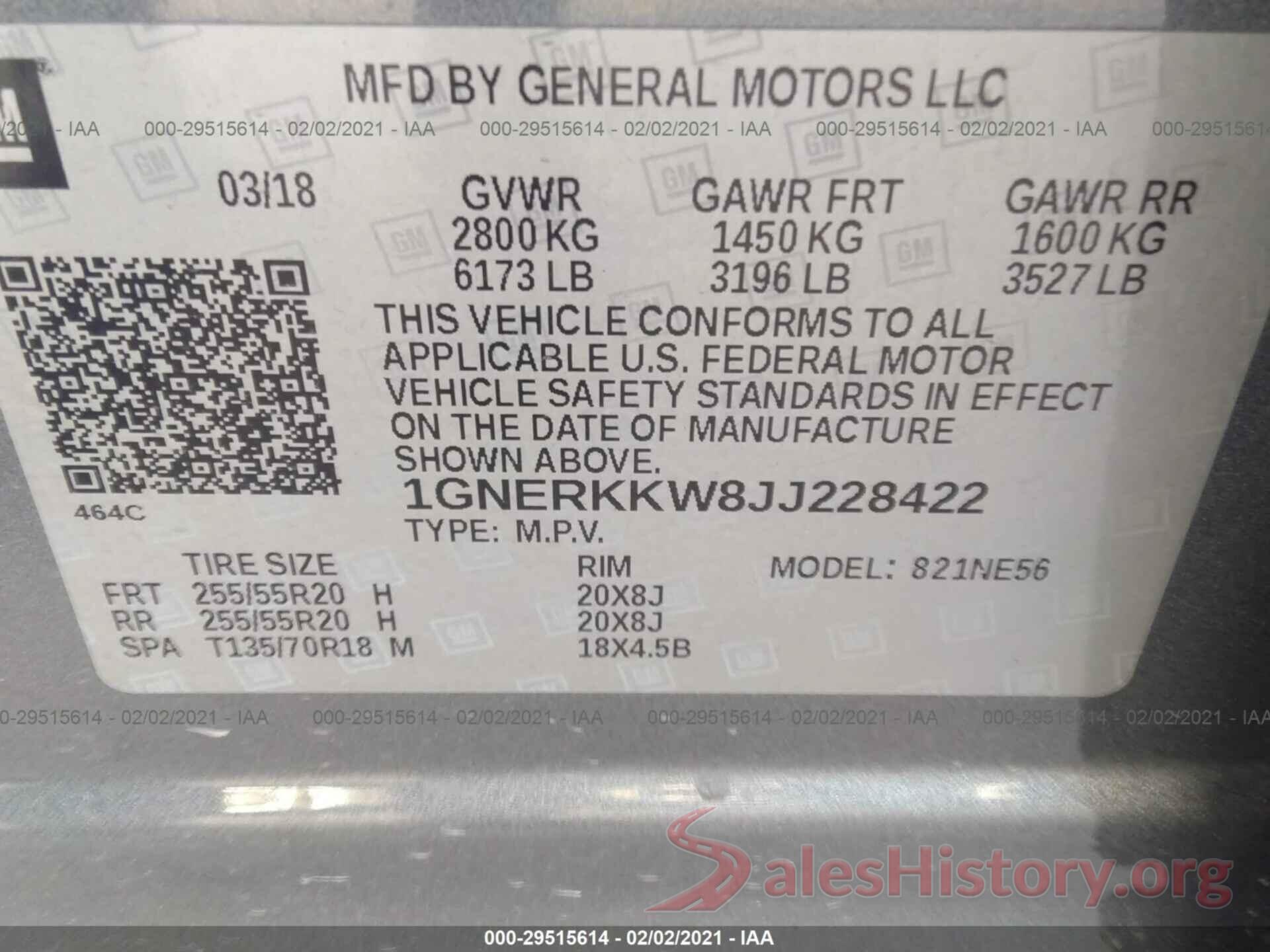 1GNERKKW8JJ228422 2018 CHEVROLET TRAVERSE