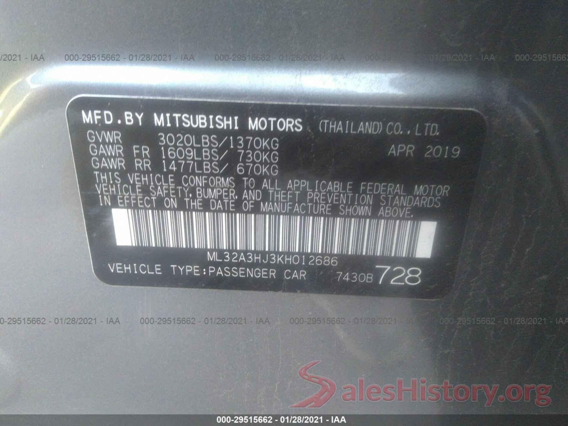 ML32A3HJ3KH012686 2019 MITSUBISHI MIRAGE