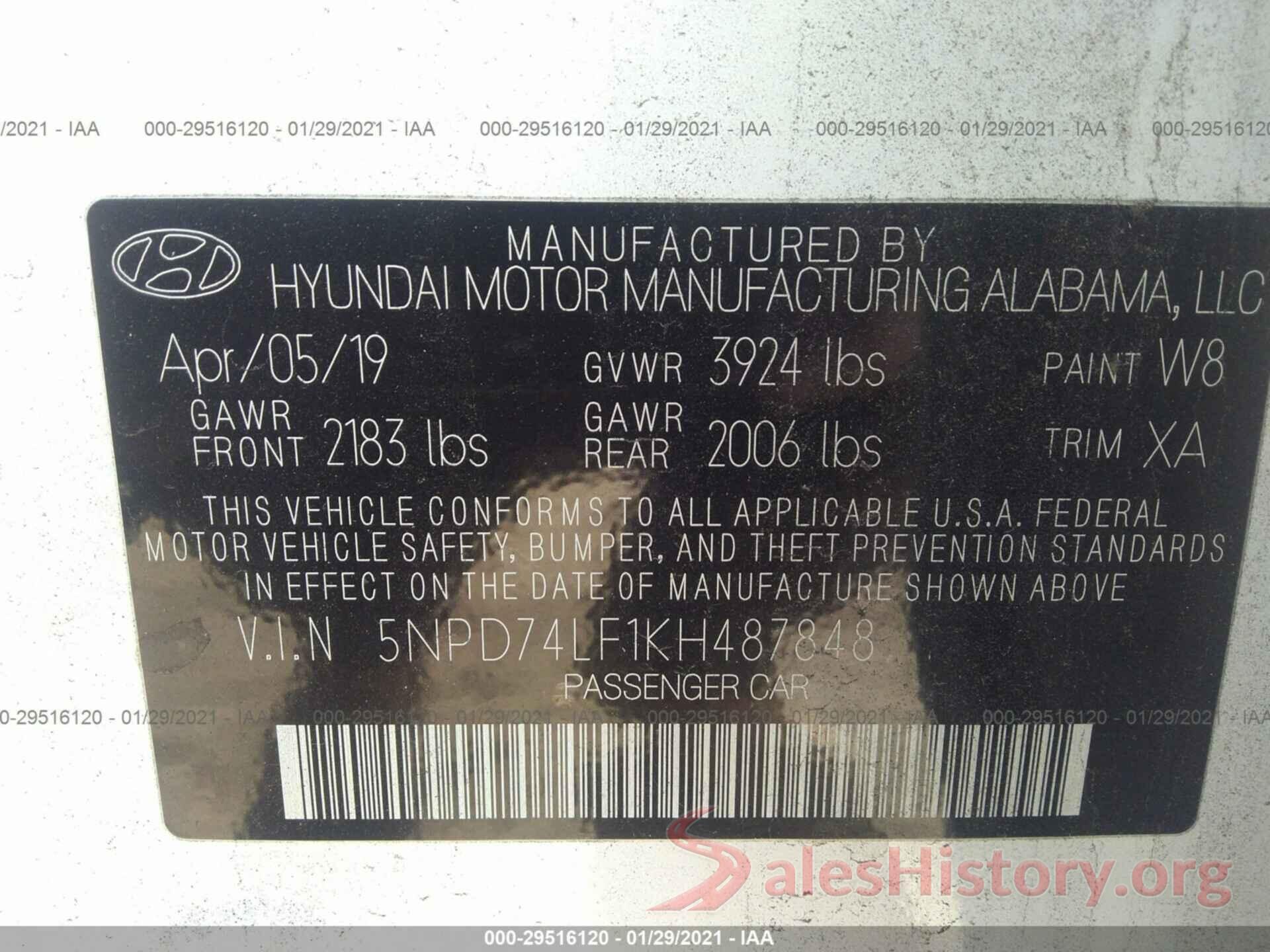 5NPD74LF1KH487848 2019 HYUNDAI ELANTRA