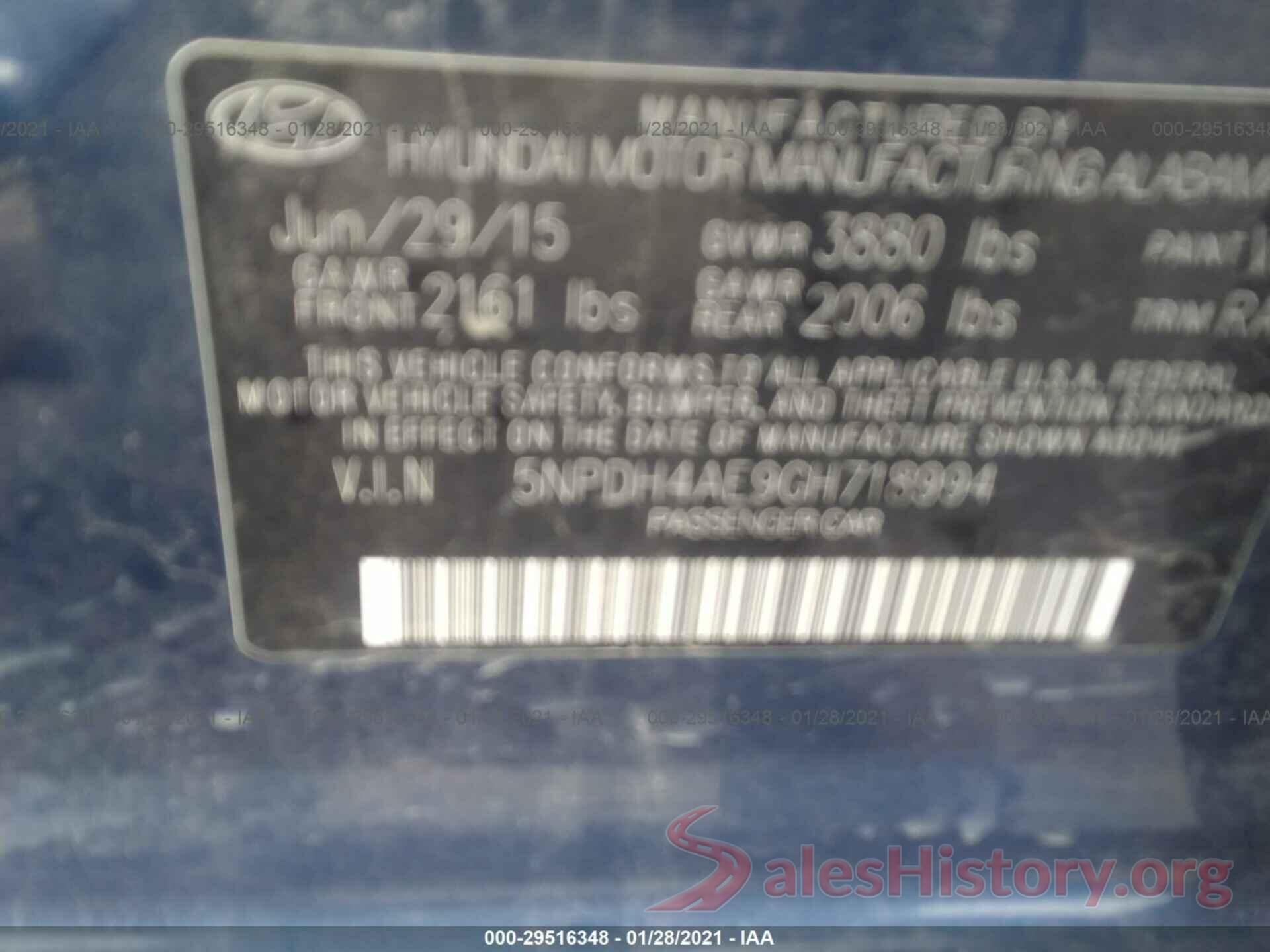 5NPDH4AE9GH718994 2016 HYUNDAI ELANTRA