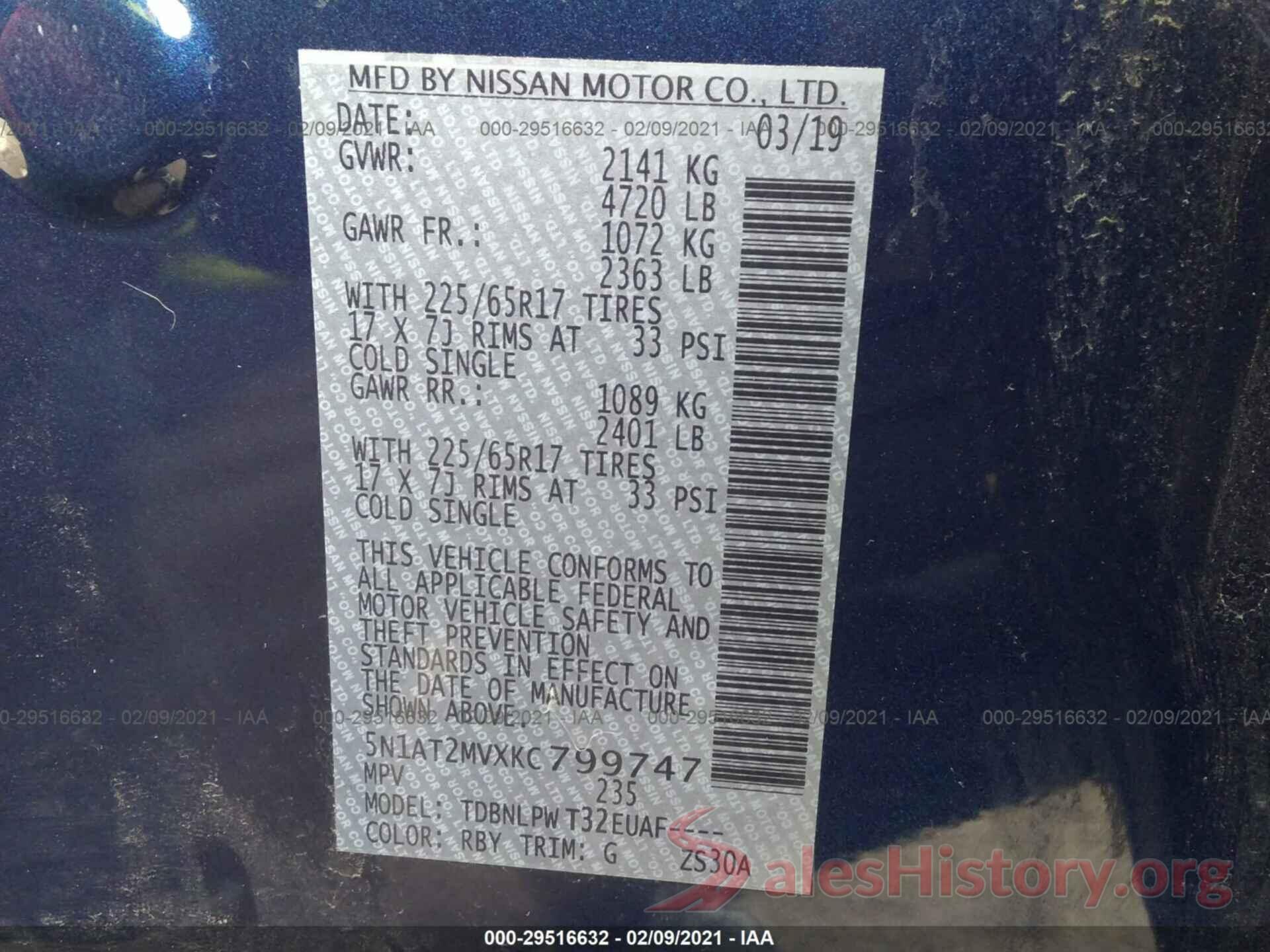 5N1AT2MVXKC799747 2019 NISSAN ROGUE