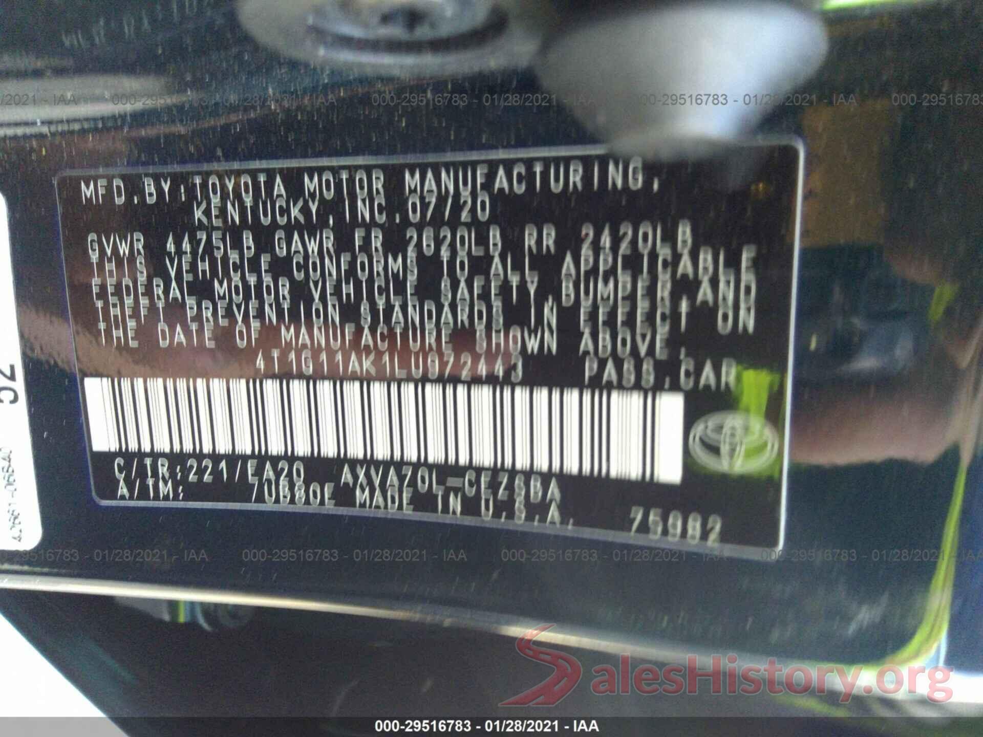 4T1G11AK1LU972443 2020 TOYOTA CAMRY