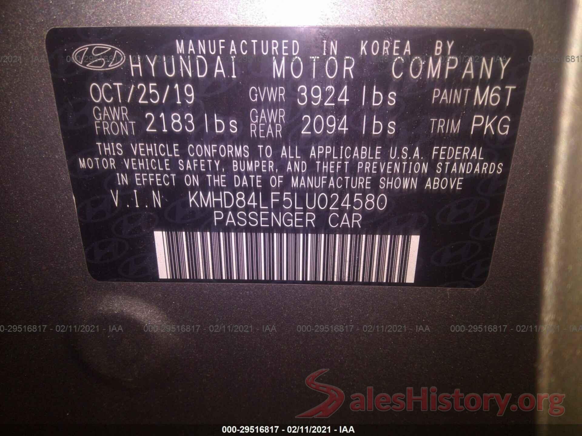 KMHD84LF5LU024580 2020 HYUNDAI ELANTRA