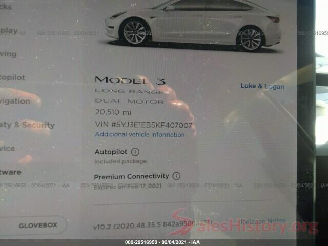 5YJ3E1EB5KF407007 2019 TESLA MODEL 3