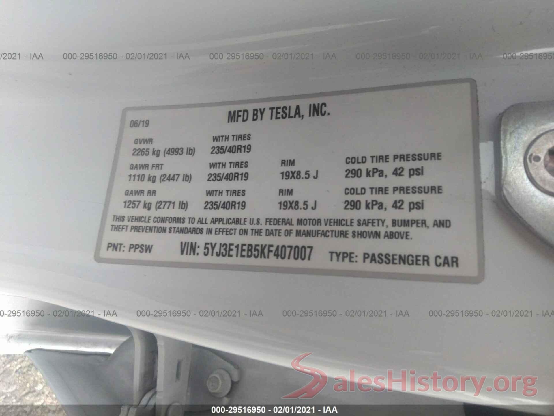 5YJ3E1EB5KF407007 2019 TESLA MODEL 3