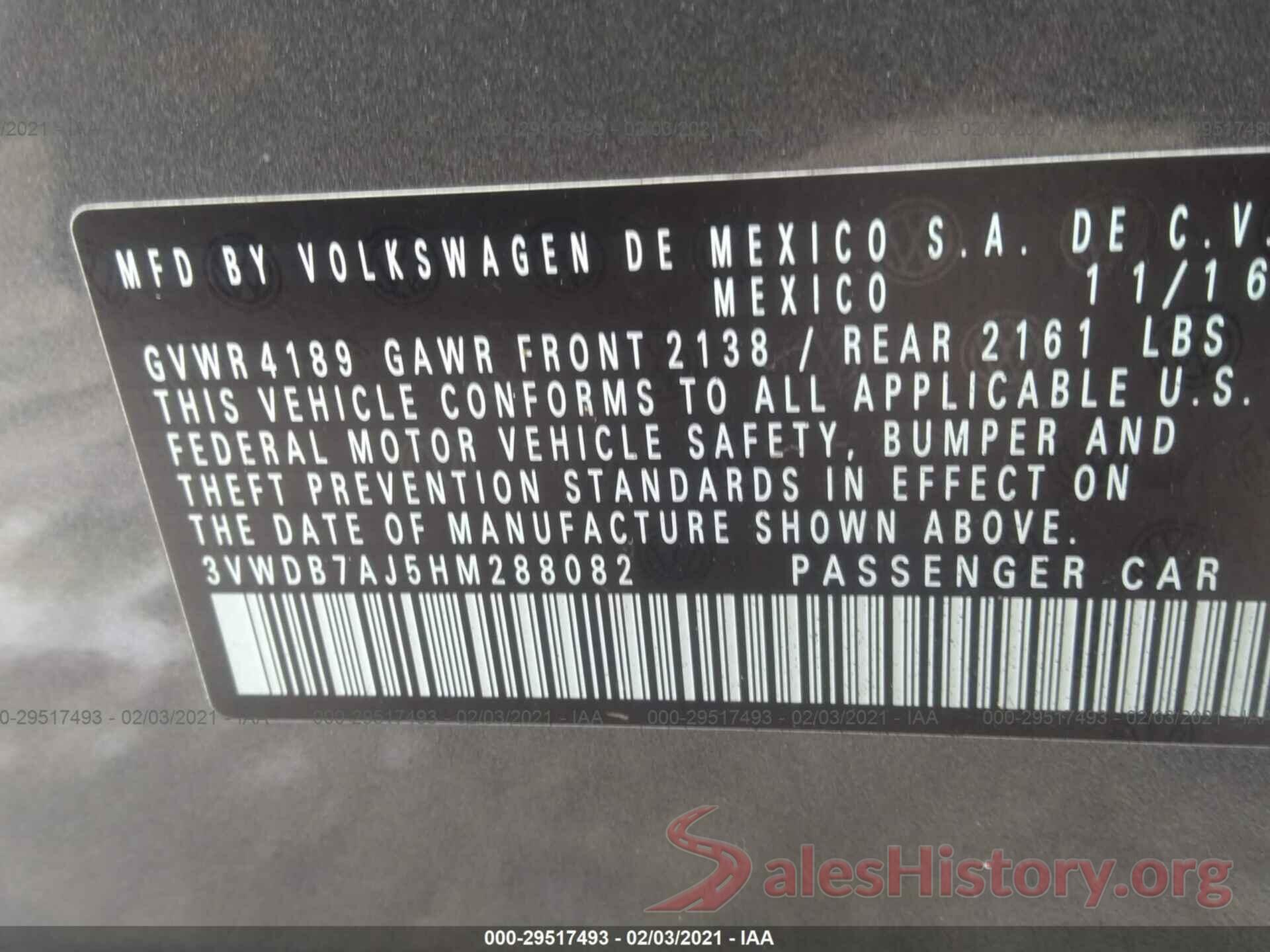 3VWDB7AJ5HM288082 2017 VOLKSWAGEN JETTA