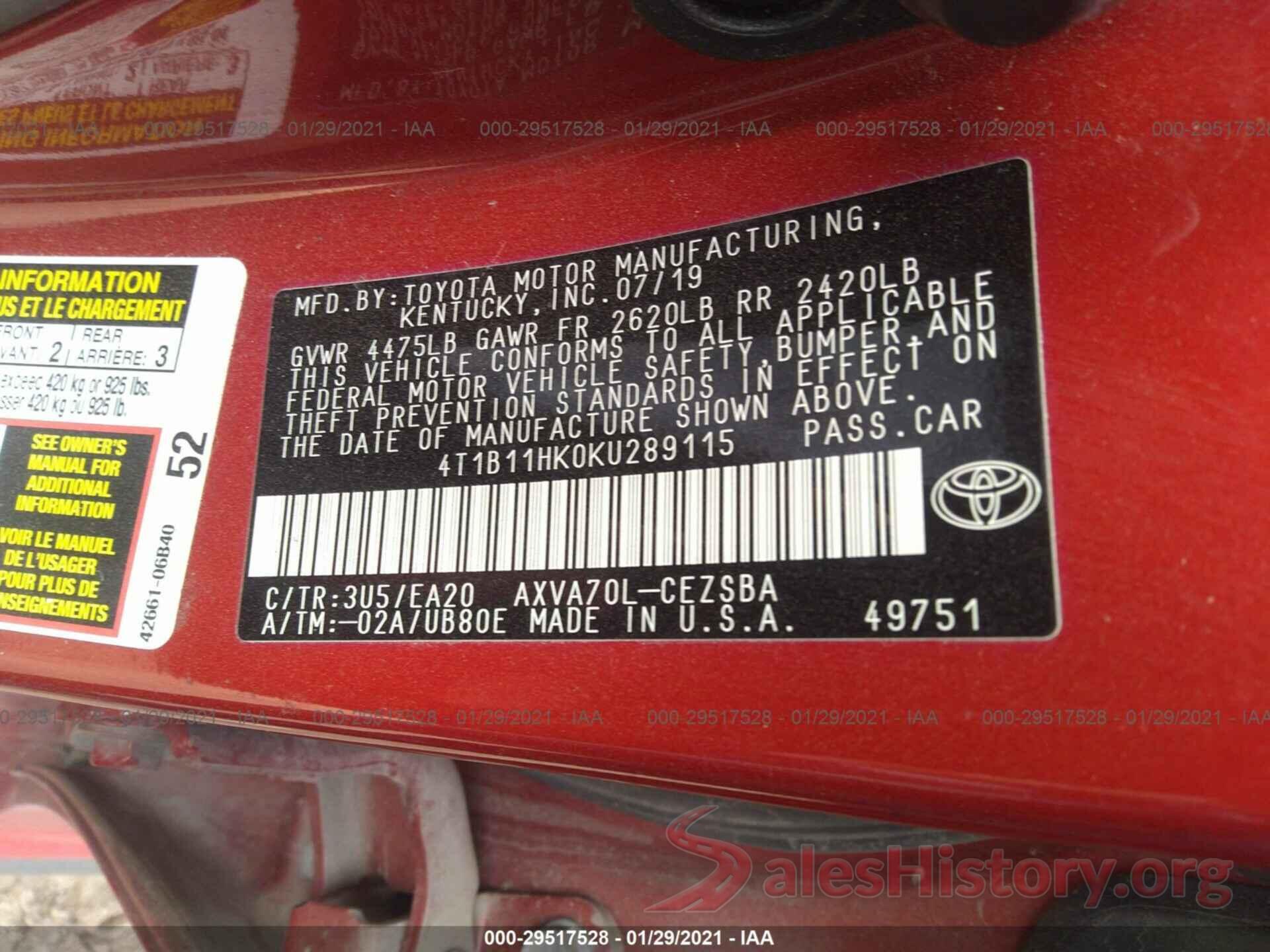 4T1B11HK0KU289115 2019 TOYOTA CAMRY