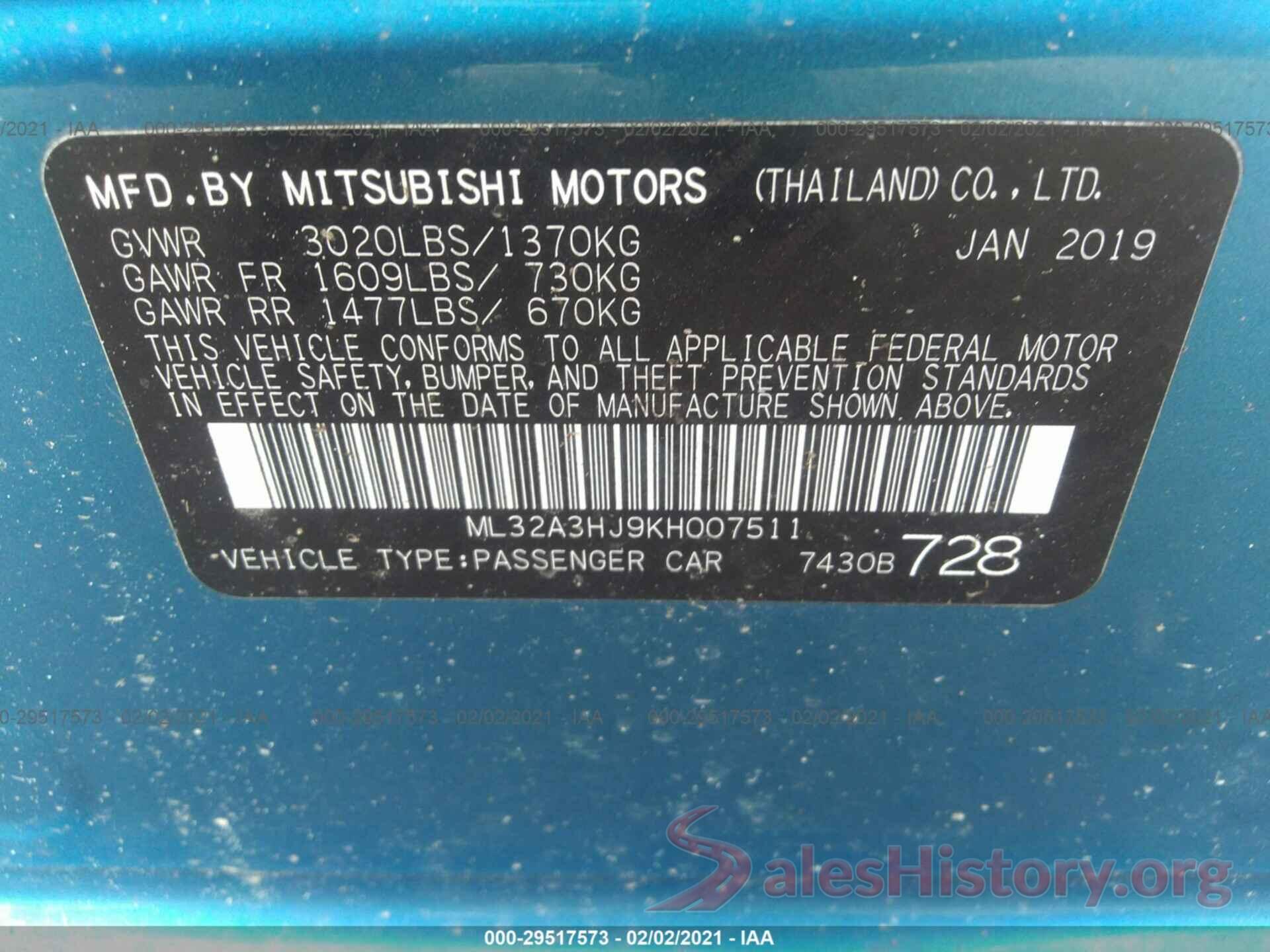 ML32A3HJ9KH007511 2019 MITSUBISHI MIRAGE