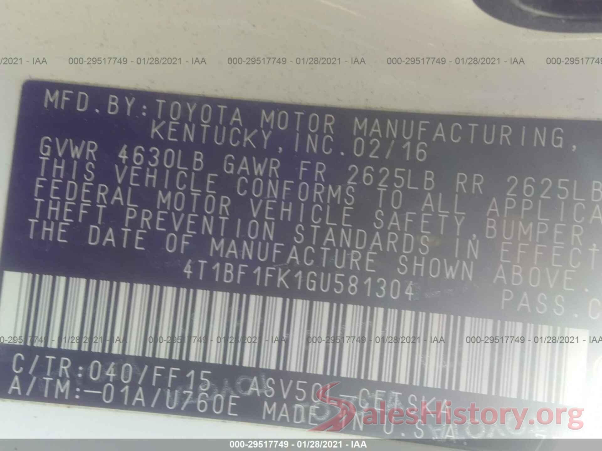 4T1BF1FK1GU581304 2016 TOYOTA CAMRY