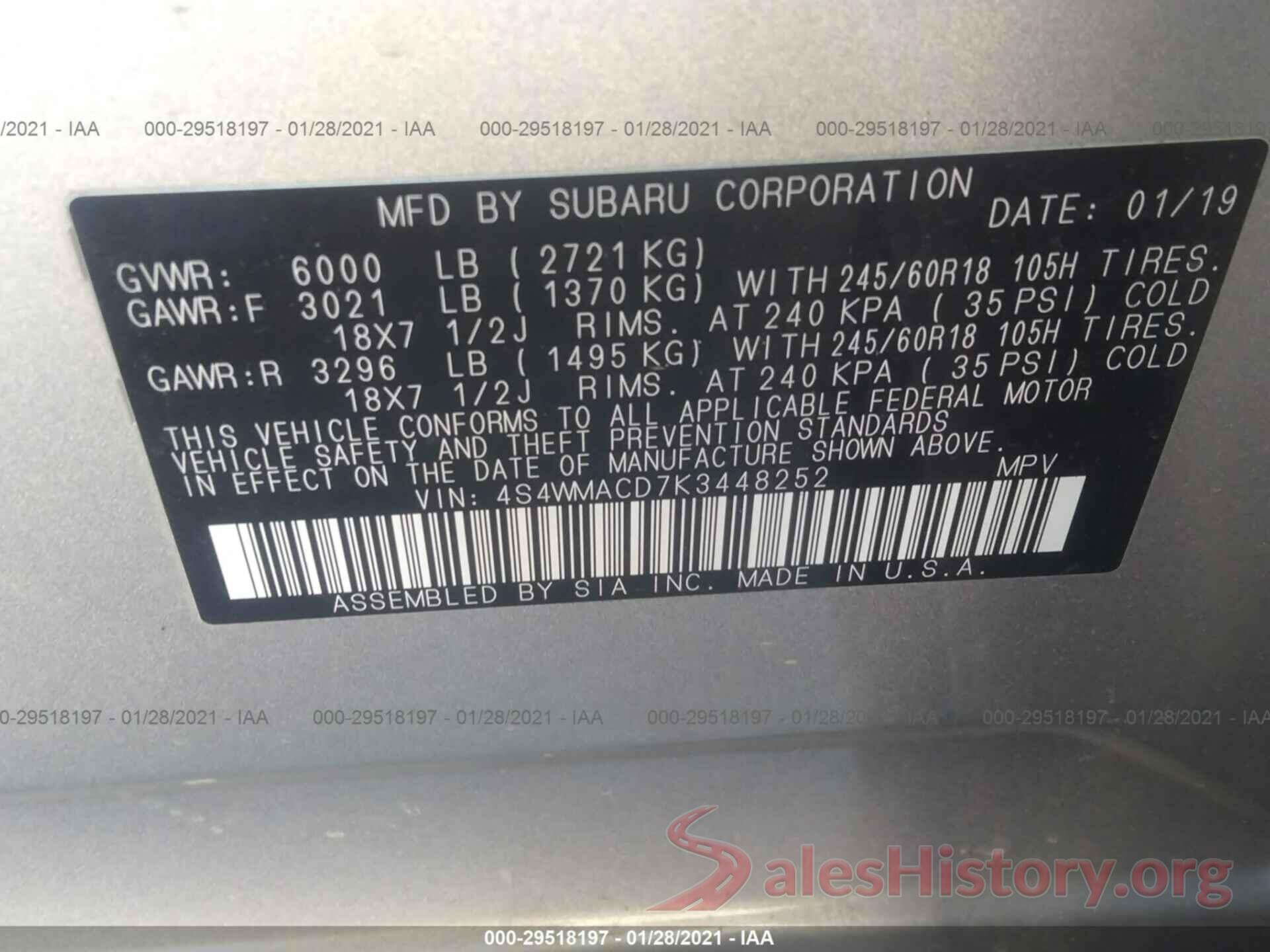 4S4WMACD7K3448252 2019 SUBARU ASCENT