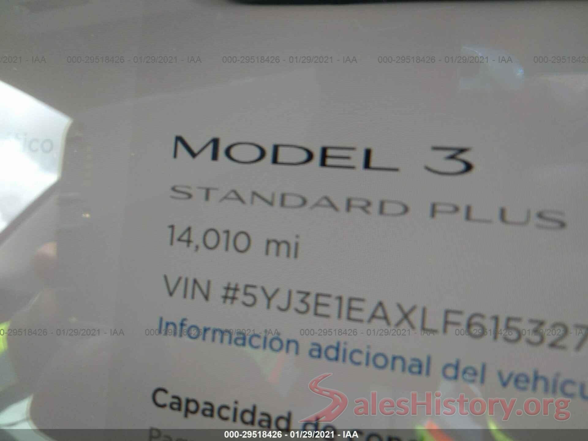 5YJ3E1EAXLF615327 2020 TESLA MODEL 3