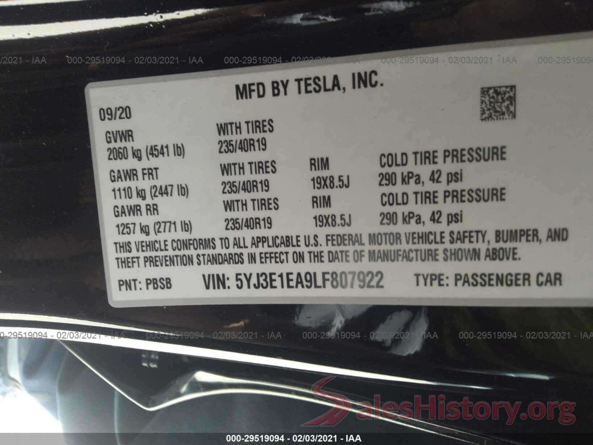 5YJ3E1EA9LF807922 2020 TESLA MODEL 3