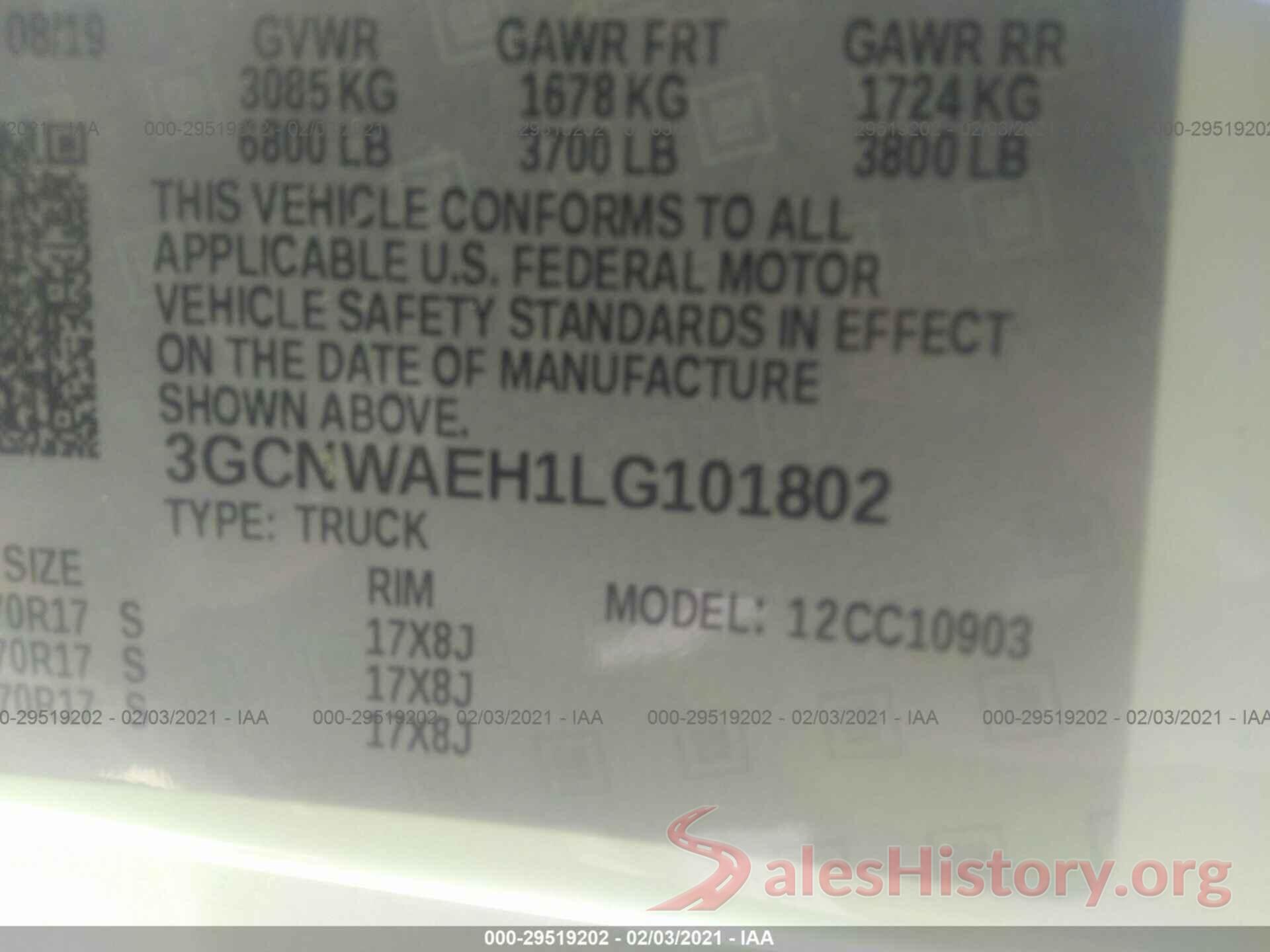 3GCNWAEH1LG101802 2020 CHEVROLET SILVERADO 1500