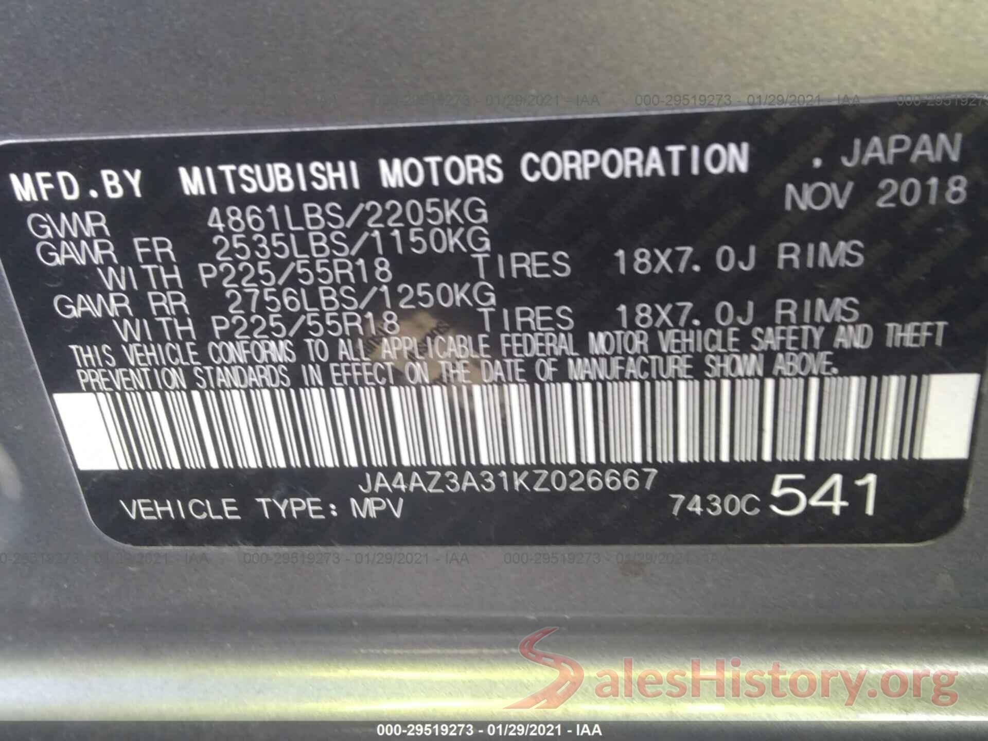 JA4AZ3A31KZ026667 2019 MITSUBISHI OUTLANDER