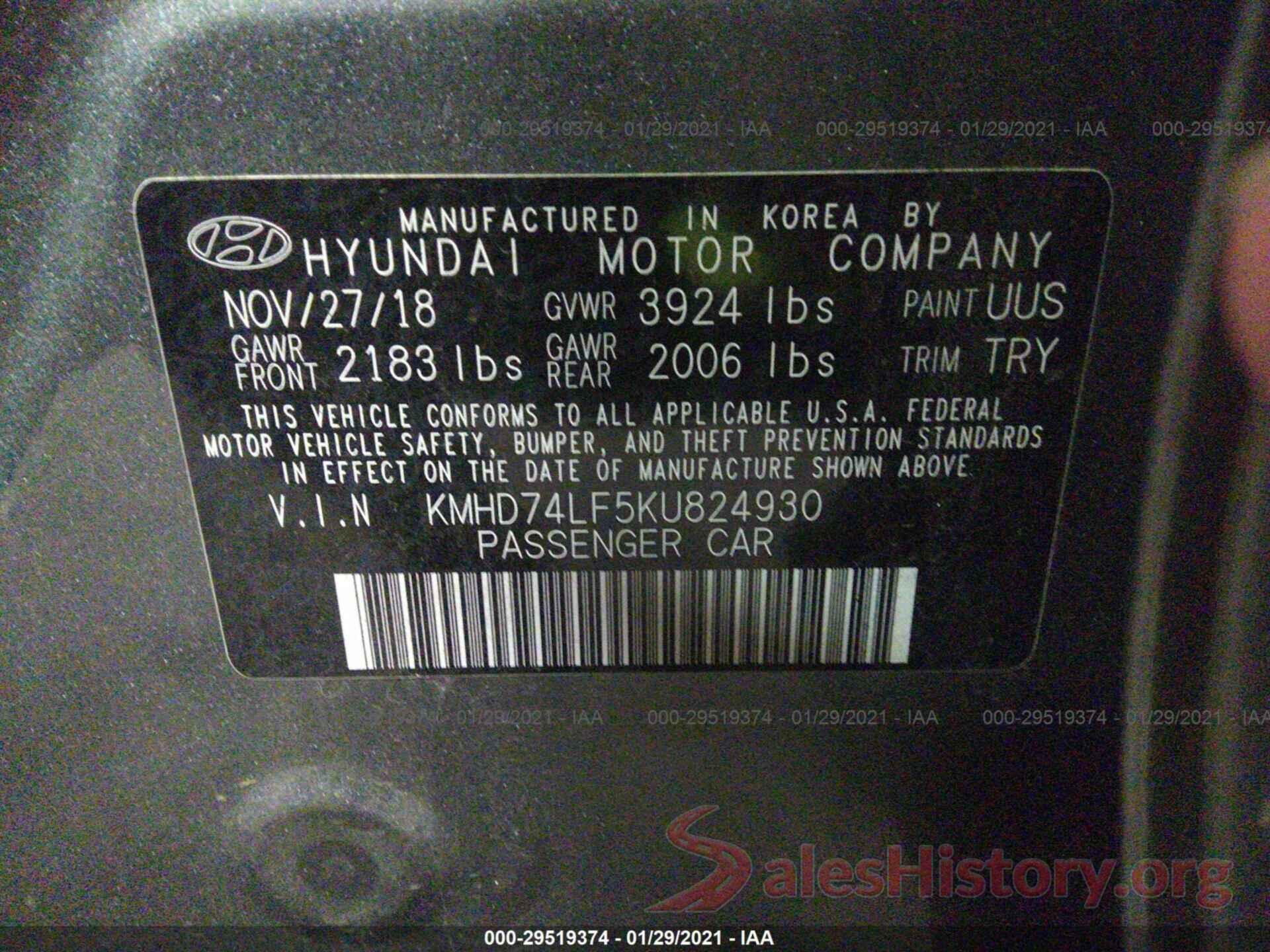 KMHD74LF5KU824930 2019 HYUNDAI ELANTRA