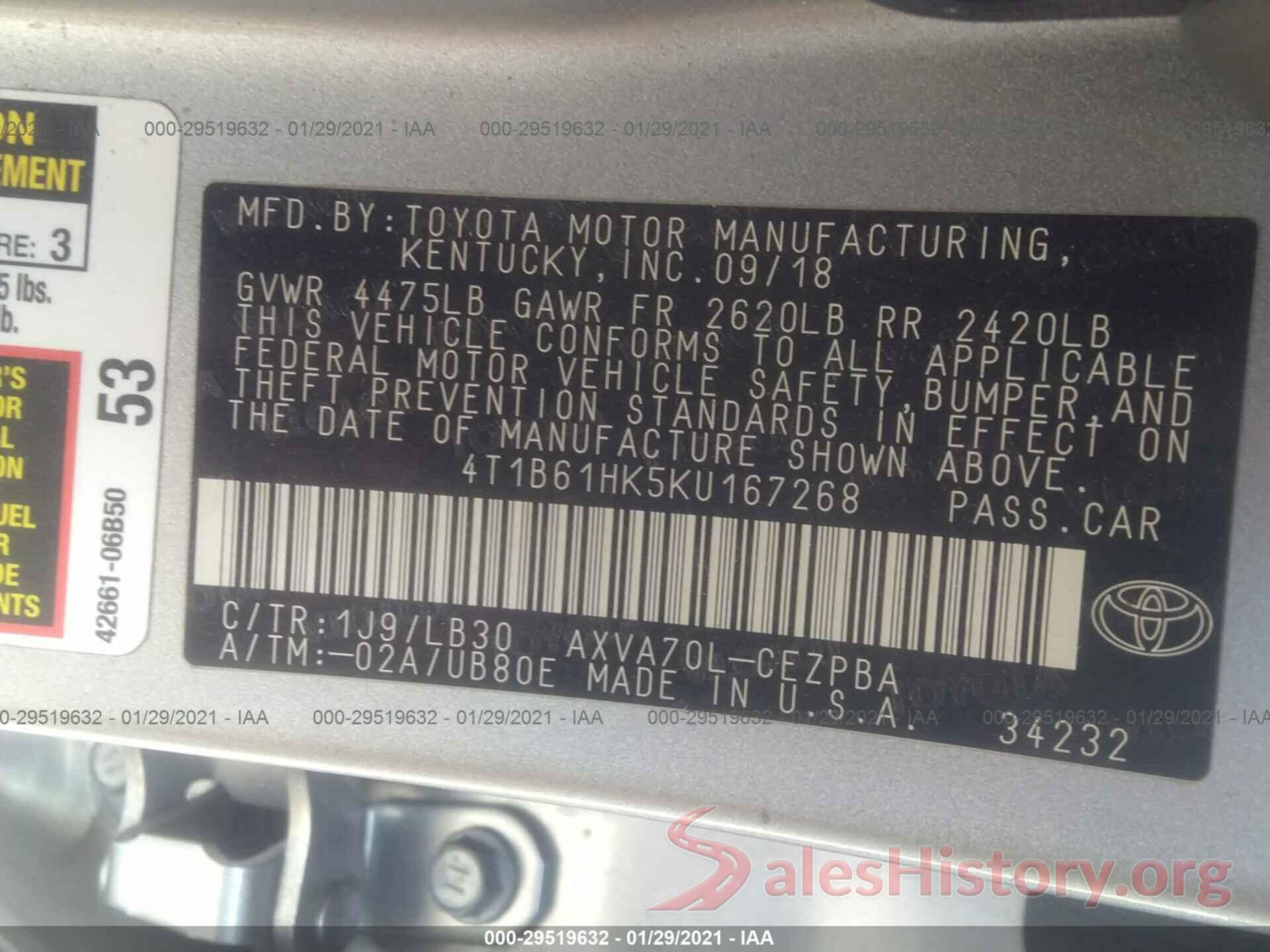 4T1B61HK5KU167268 2019 TOYOTA CAMRY