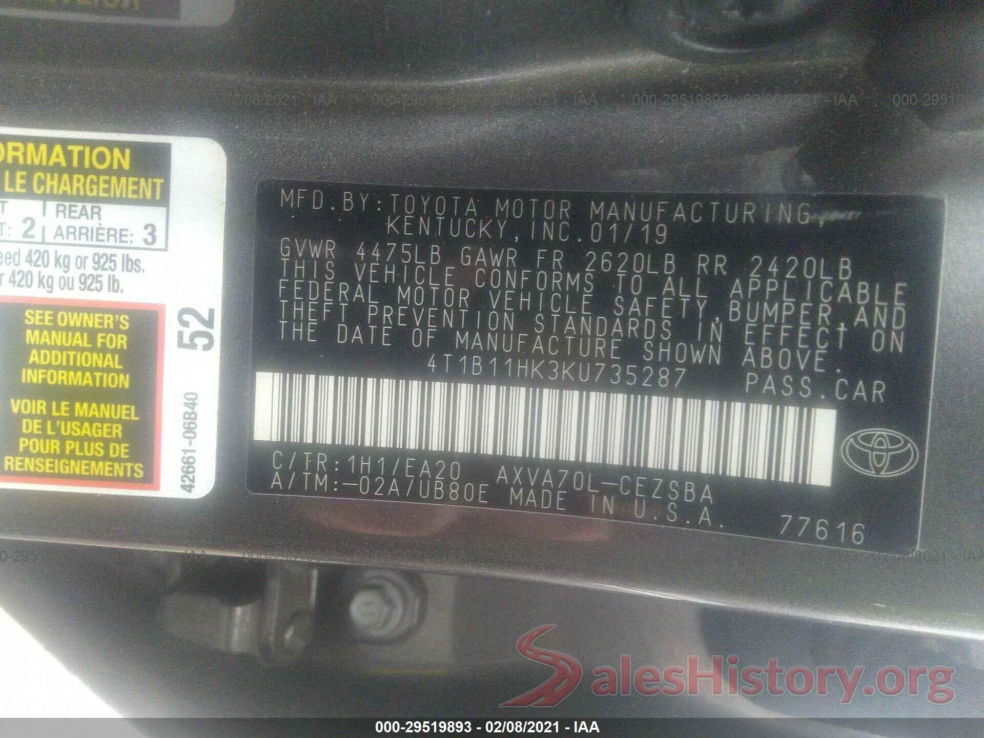 4T1B11HK3KU735287 2019 TOYOTA CAMRY