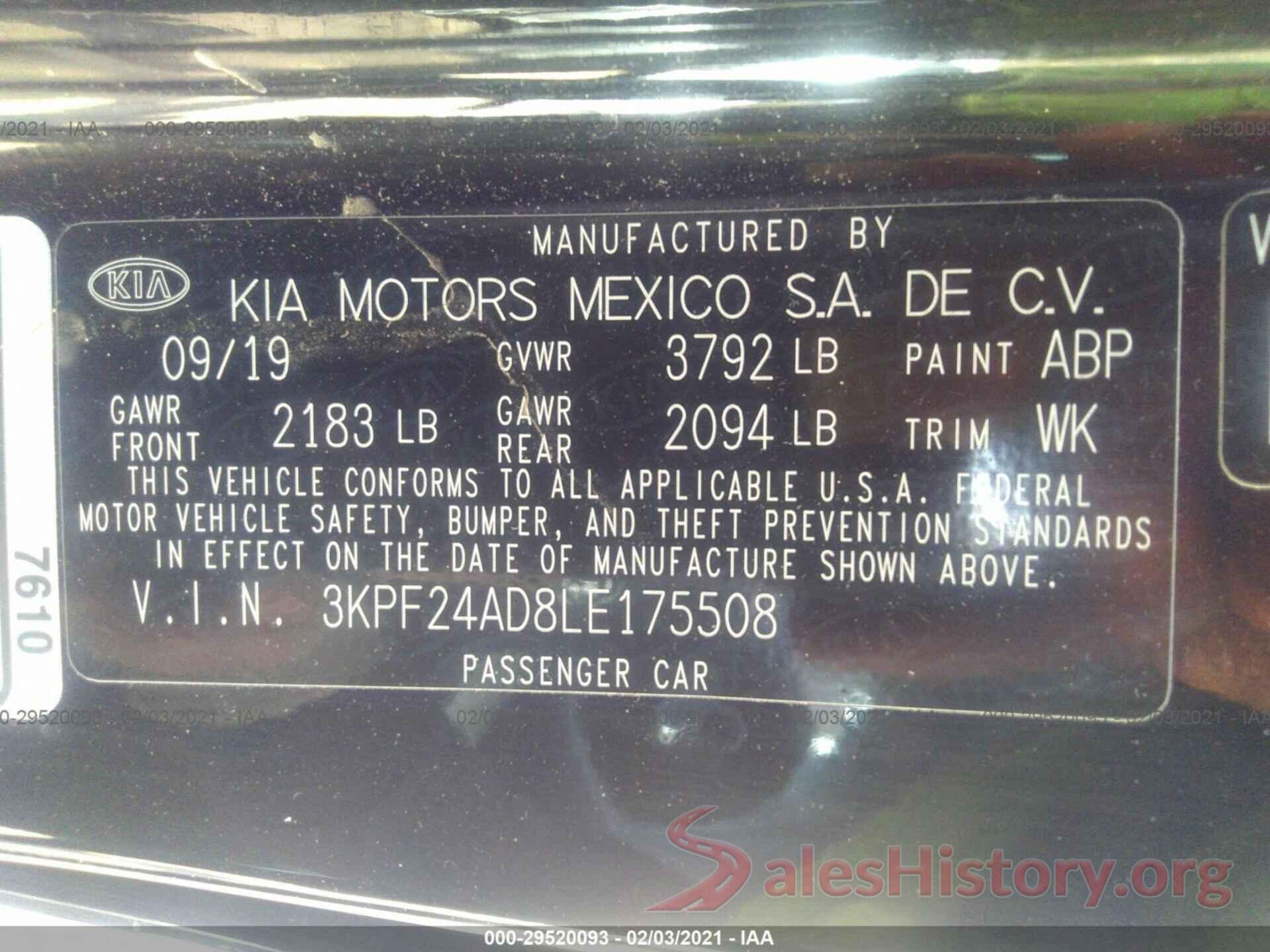 3KPF24AD8LE175508 2020 KIA FORTE