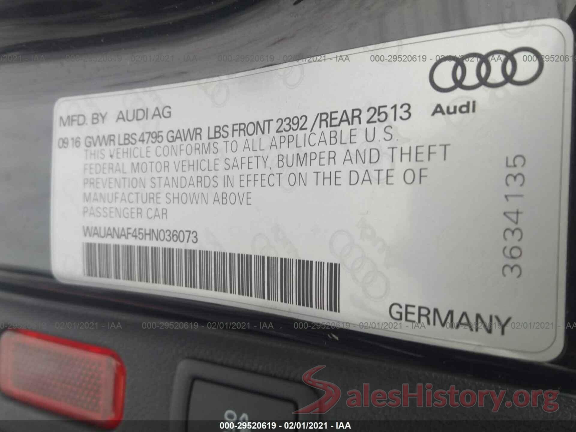 WAUANAF45HN036073 2017 AUDI A4