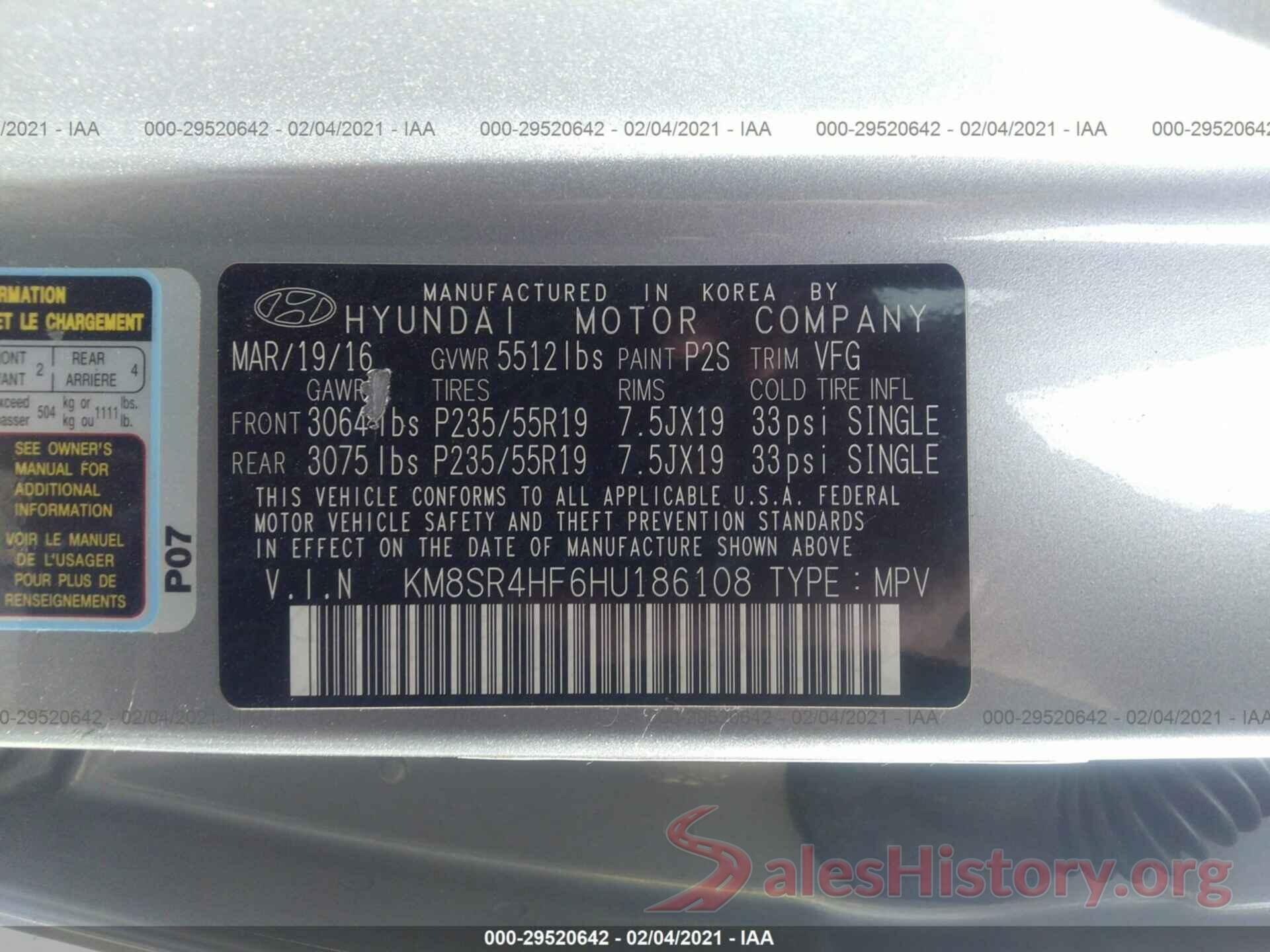 KM8SR4HF6HU186108 2017 HYUNDAI SANTA FE