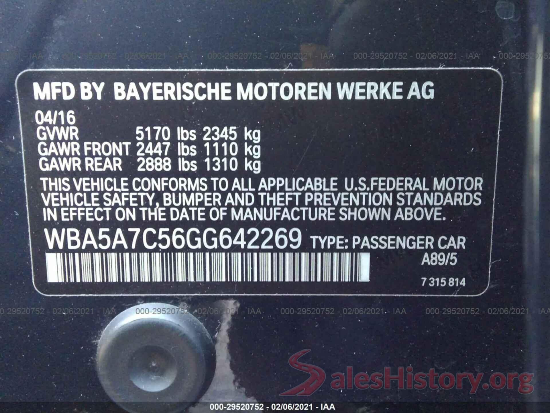 WBA5A7C56GG642269 2016 BMW 5 SERIES