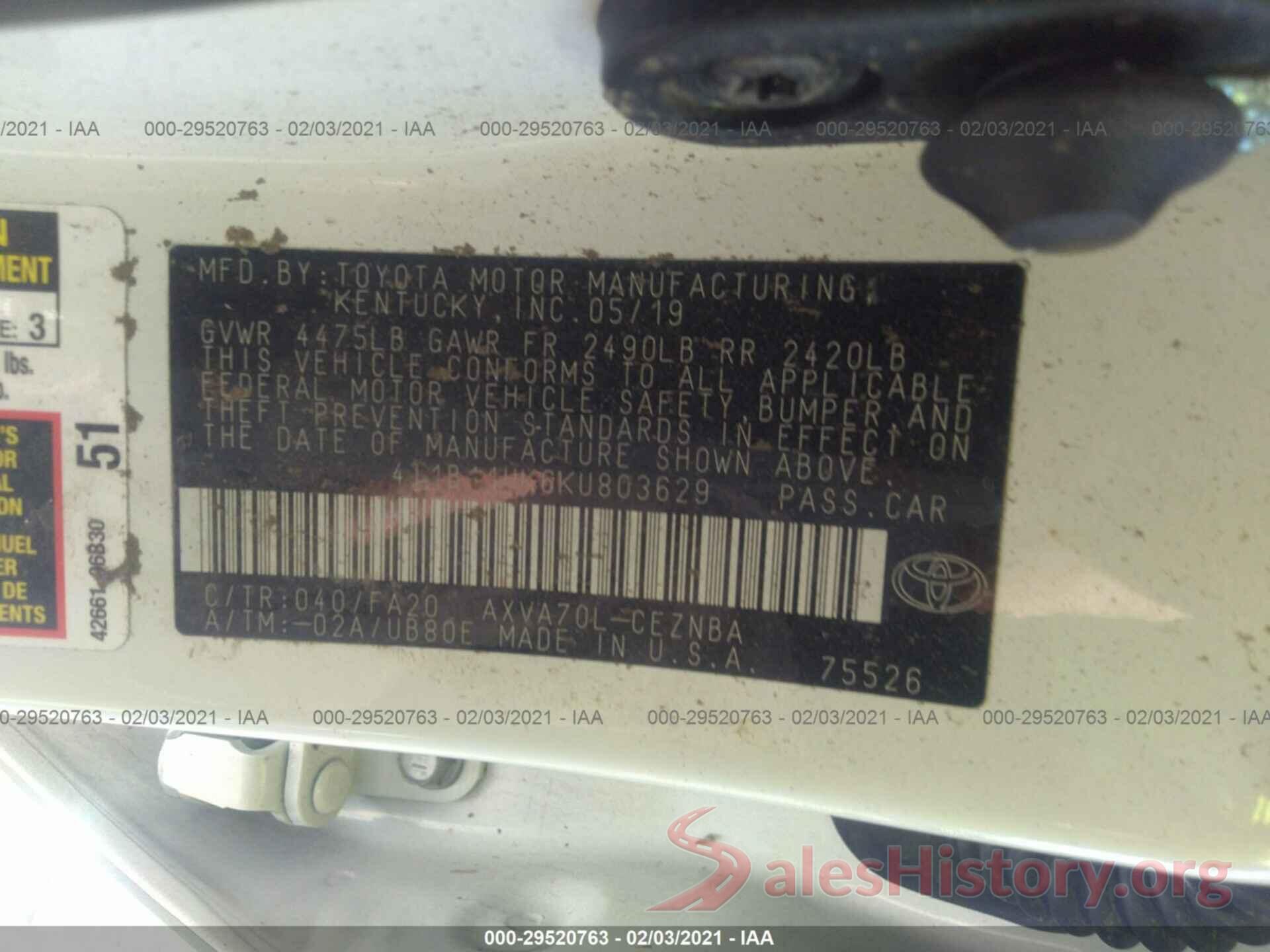 4T1B11HK6KU803629 2019 TOYOTA CAMRY