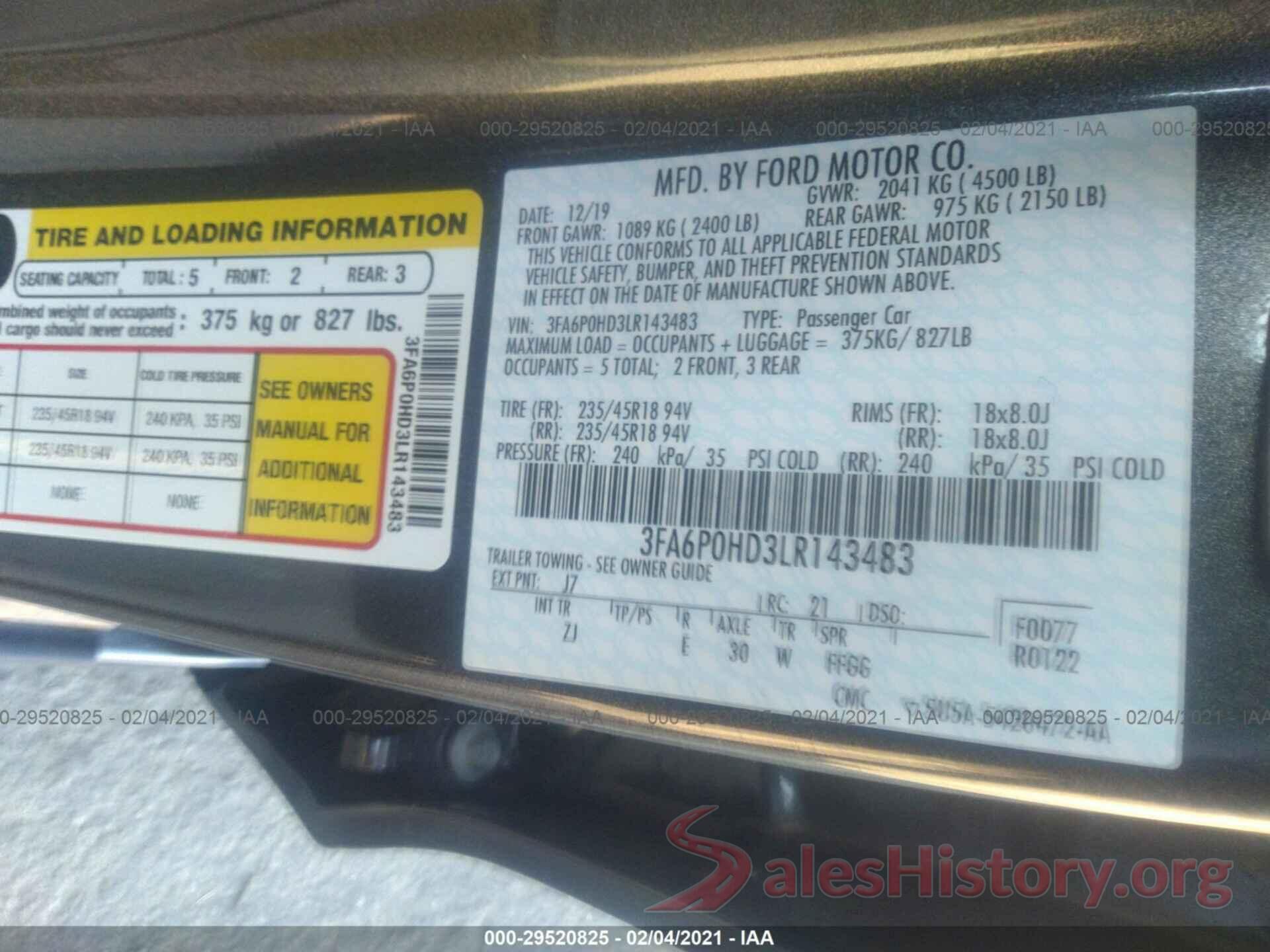 3FA6P0HD3LR143483 2020 FORD FUSION