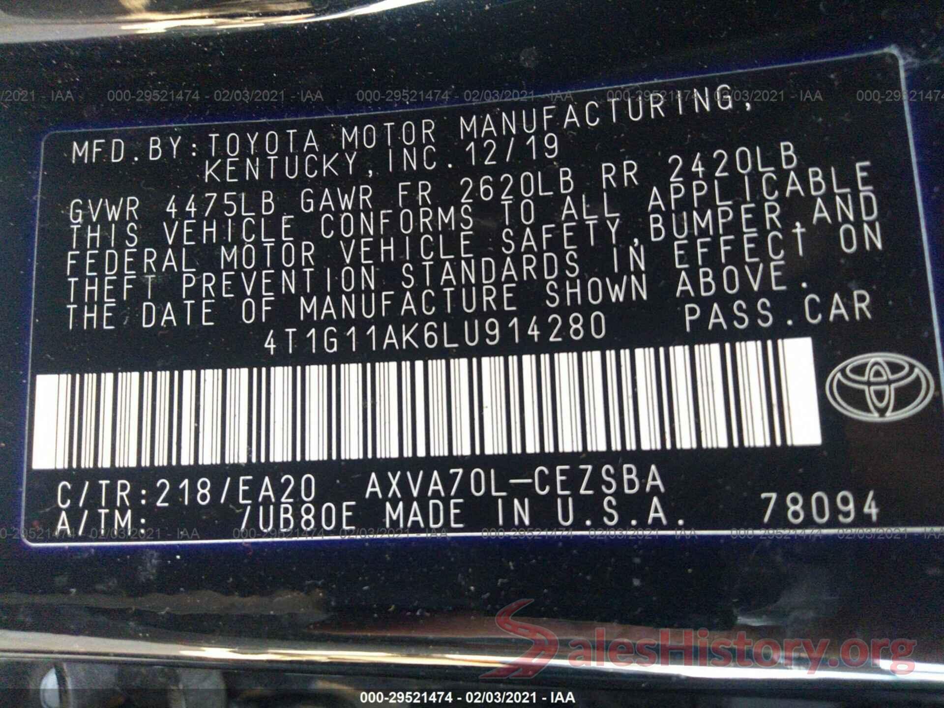 4T1G11AK6LU914280 2020 TOYOTA CAMRY