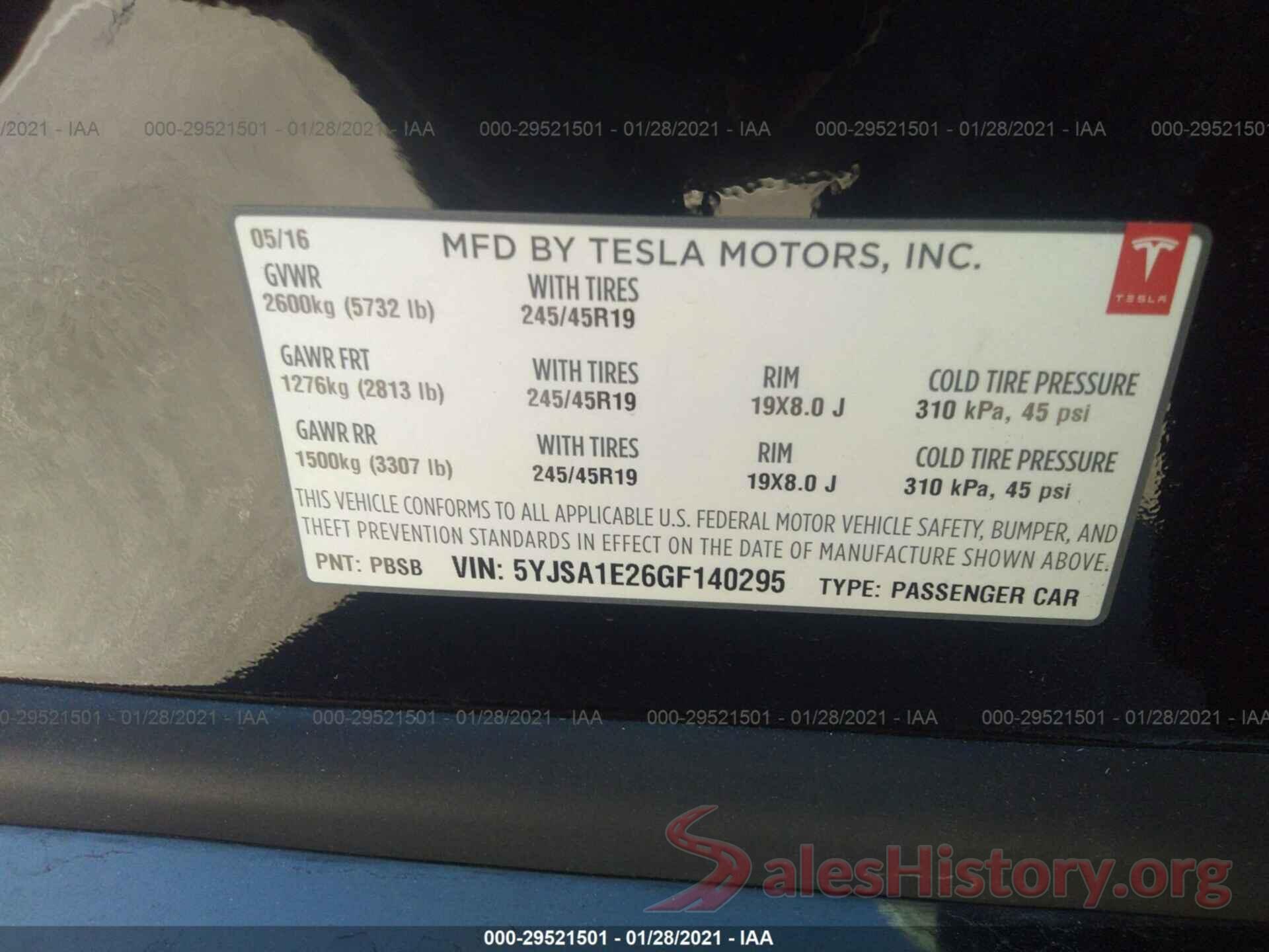 5YJSA1E26GF140295 2016 TESLA MODEL S